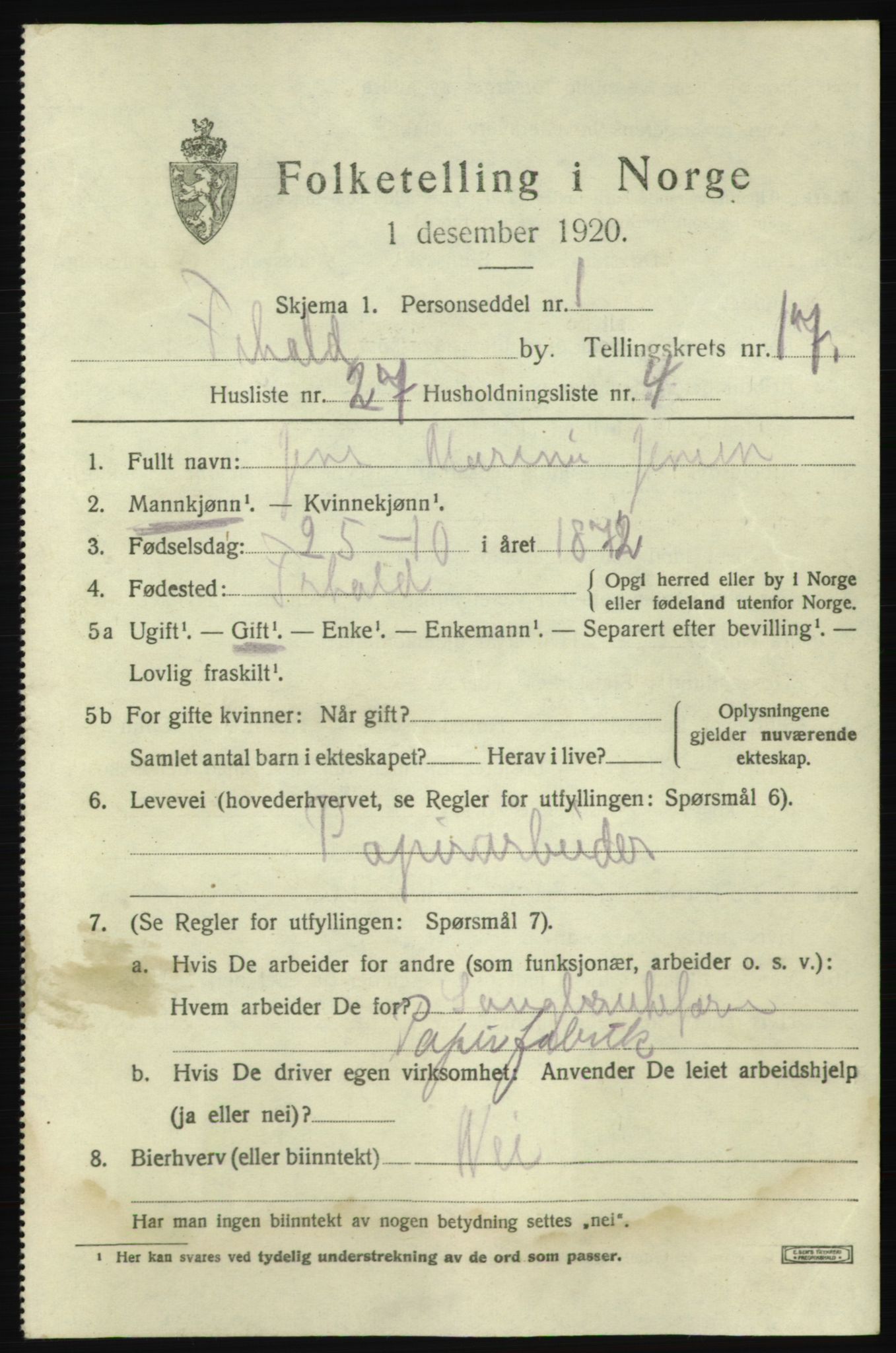 SAO, 1920 census for Fredrikshald, 1920, p. 26542