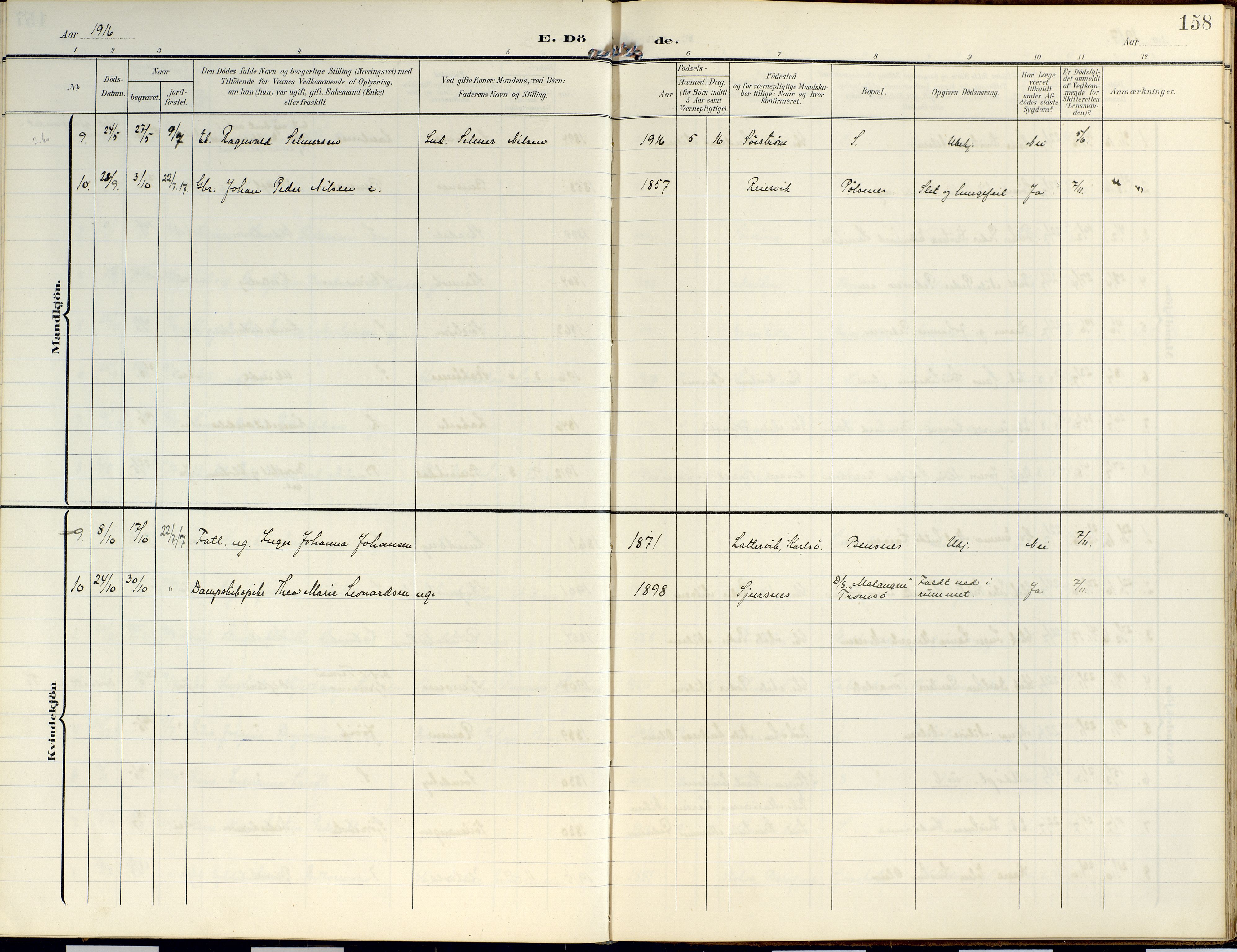 Lyngen sokneprestembete, AV/SATØ-S-1289/H/He/Hea/L0014kirke: Parish register (official) no. 14, 1905-1920, p. 158