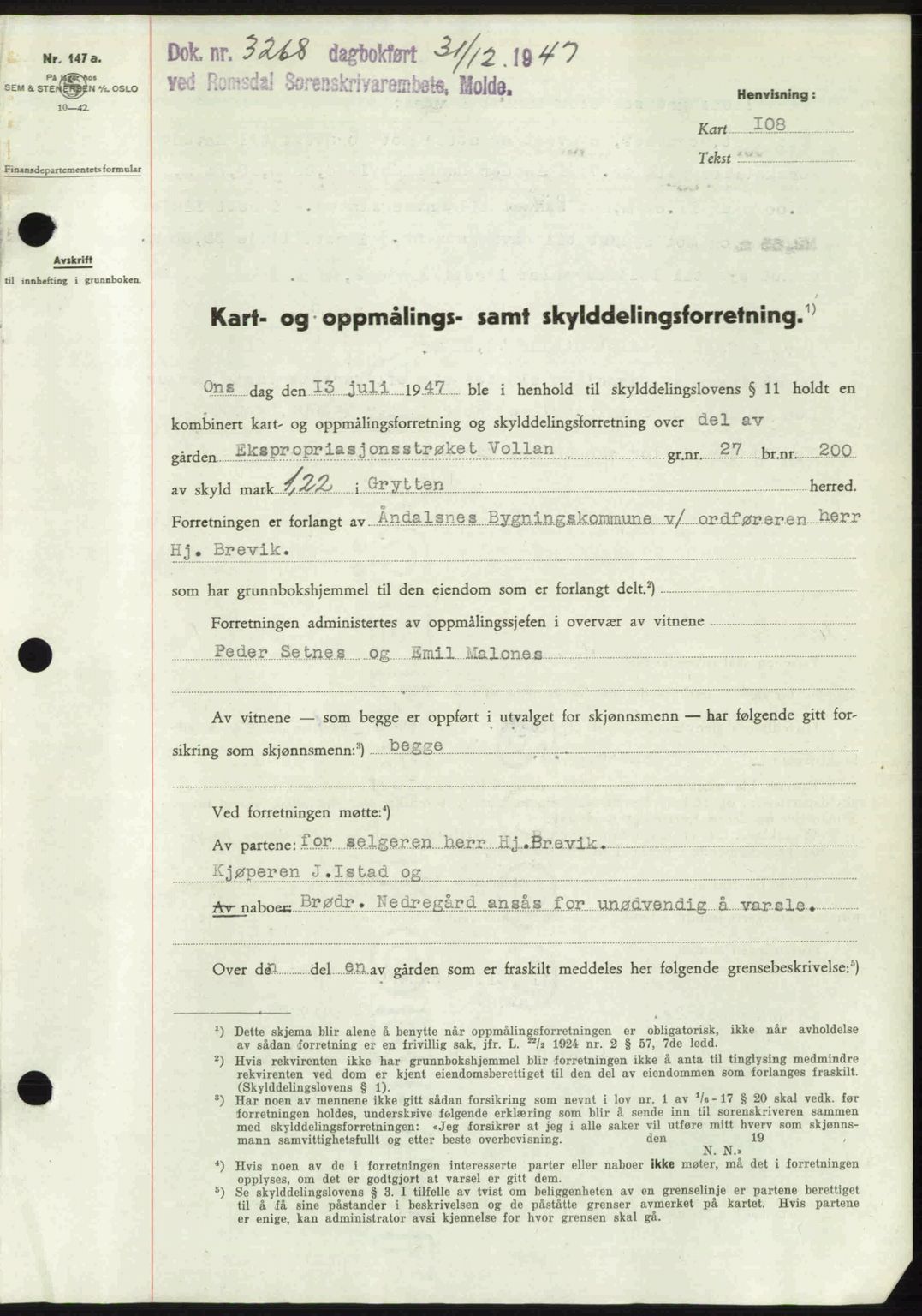 Romsdal sorenskriveri, AV/SAT-A-4149/1/2/2C: Mortgage book no. A24, 1947-1947, Diary no: : 3268/1947