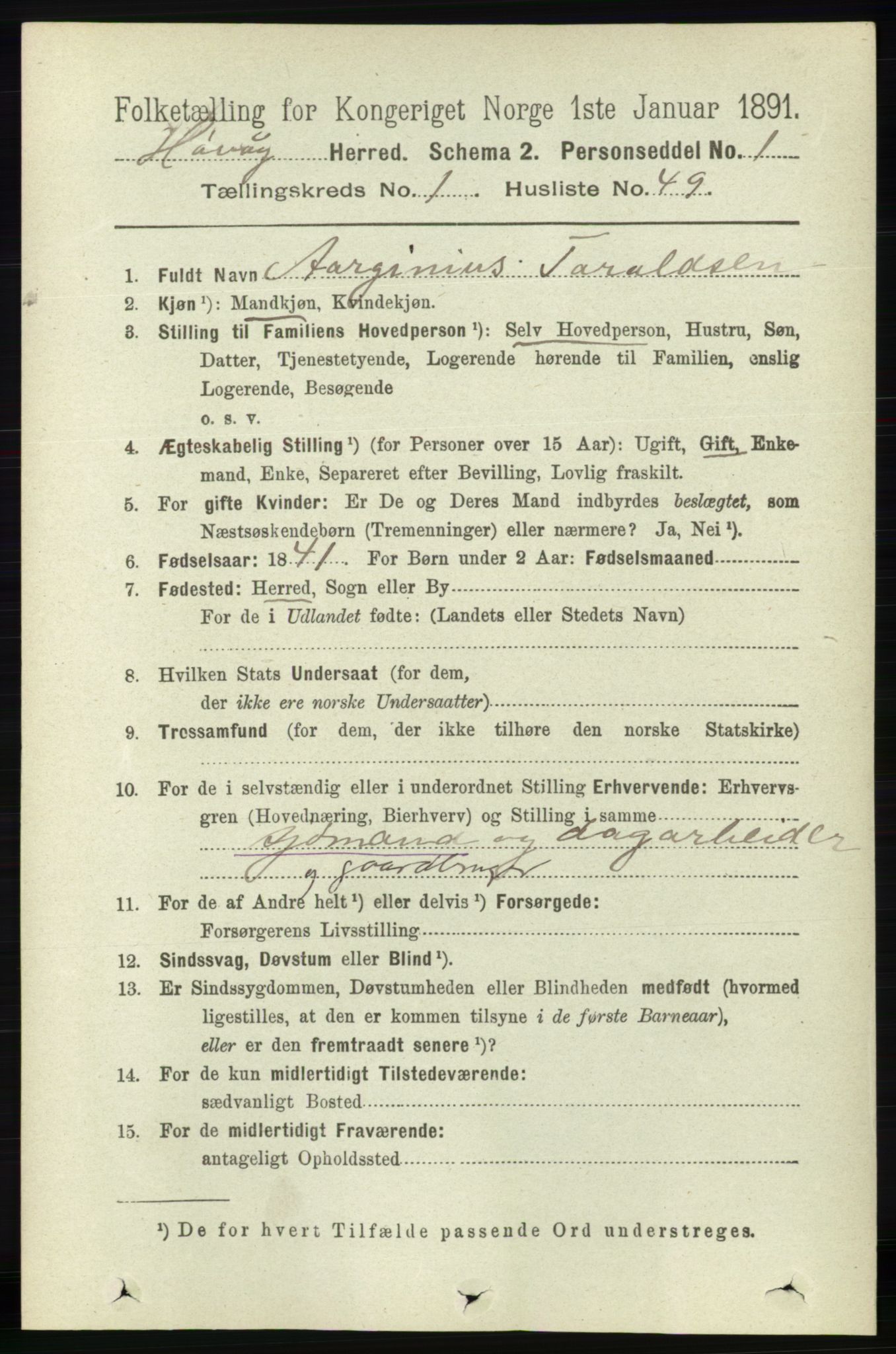 RA, 1891 census for 0927 Høvåg, 1891, p. 331