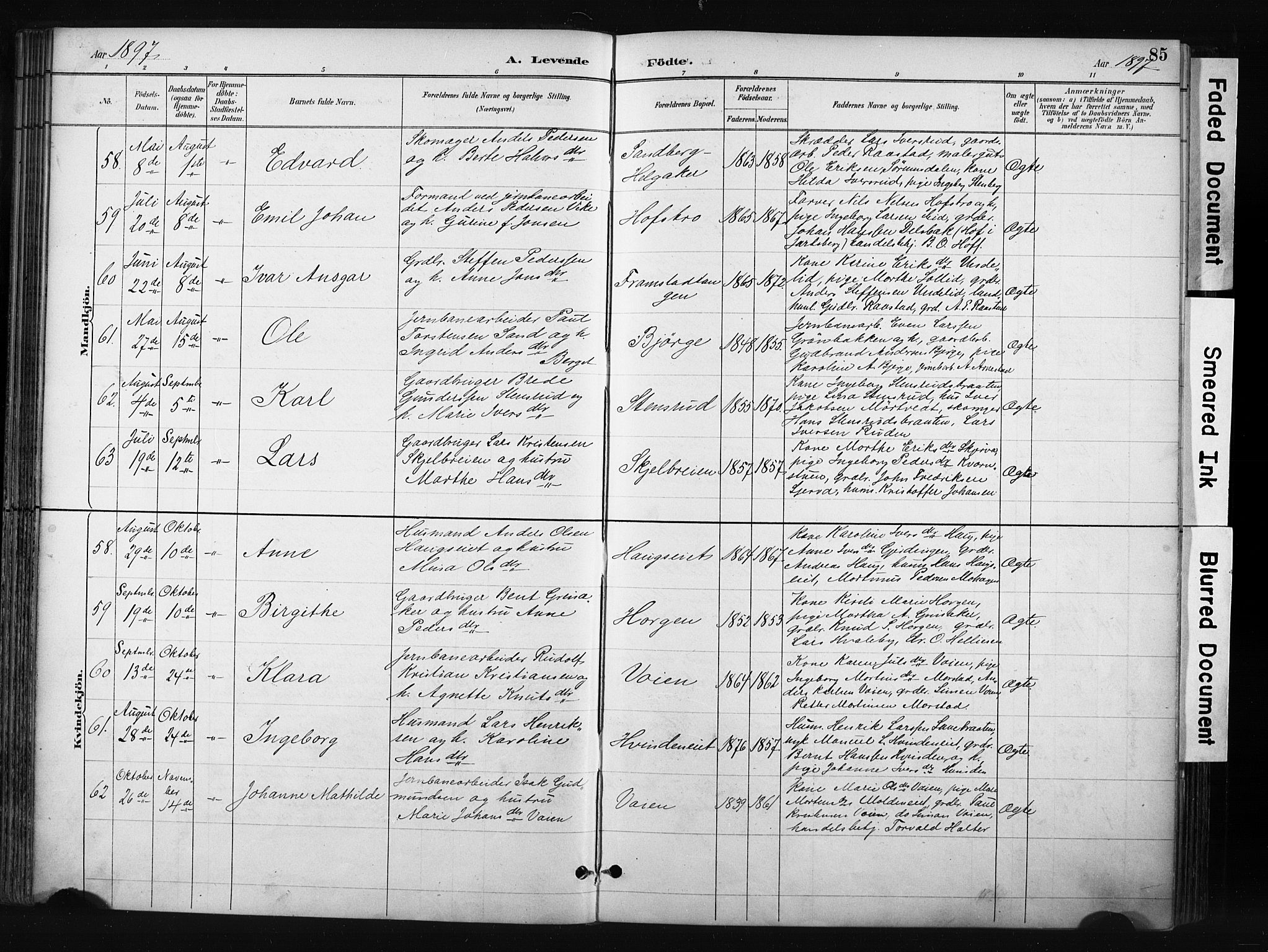 Gran prestekontor, AV/SAH-PREST-112/H/Ha/Haa/L0017: Parish register (official) no. 17, 1889-1897, p. 85