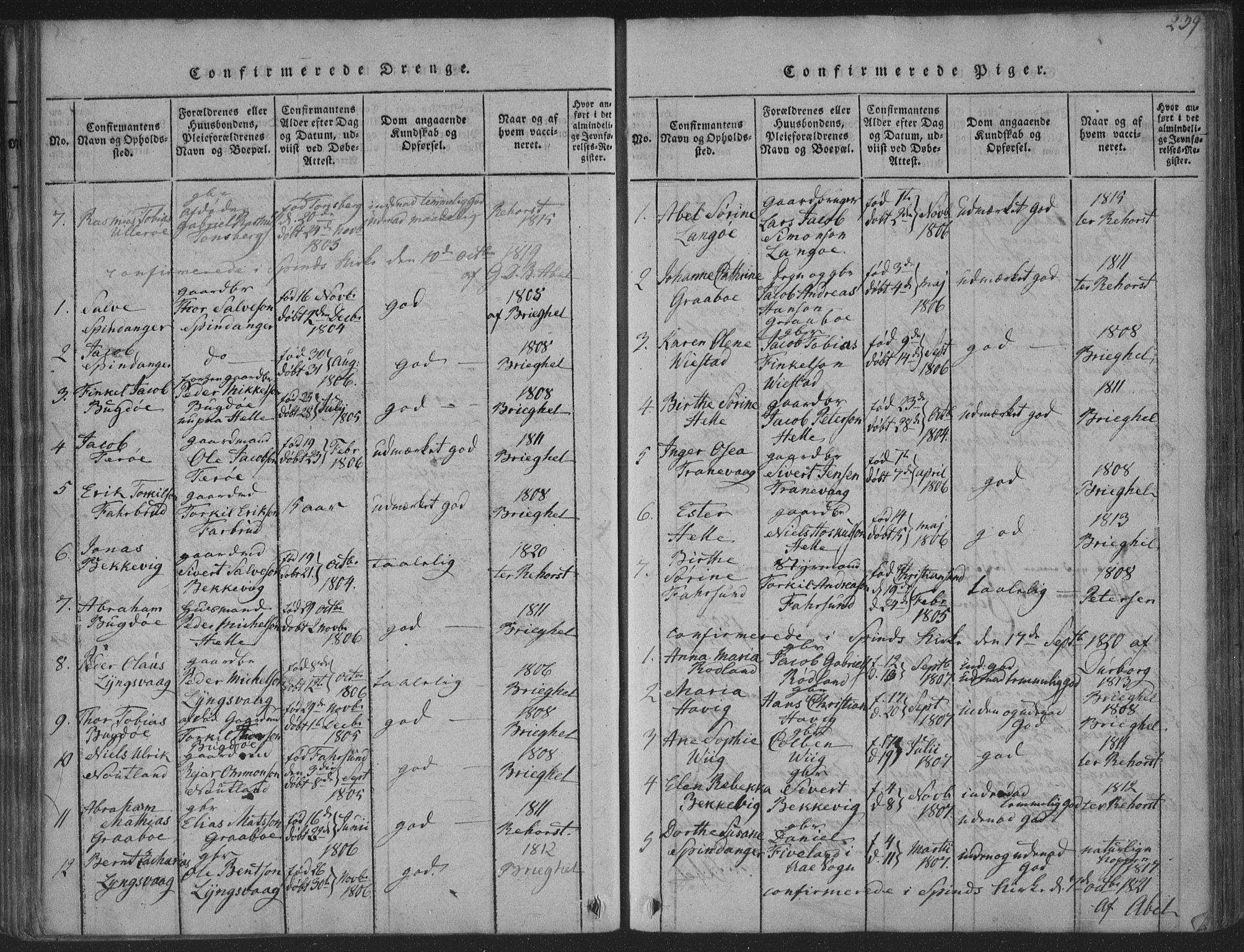 Herad sokneprestkontor, AV/SAK-1111-0018/F/Fa/Fab/L0002: Parish register (official) no. A 2, 1816-1844, p. 239