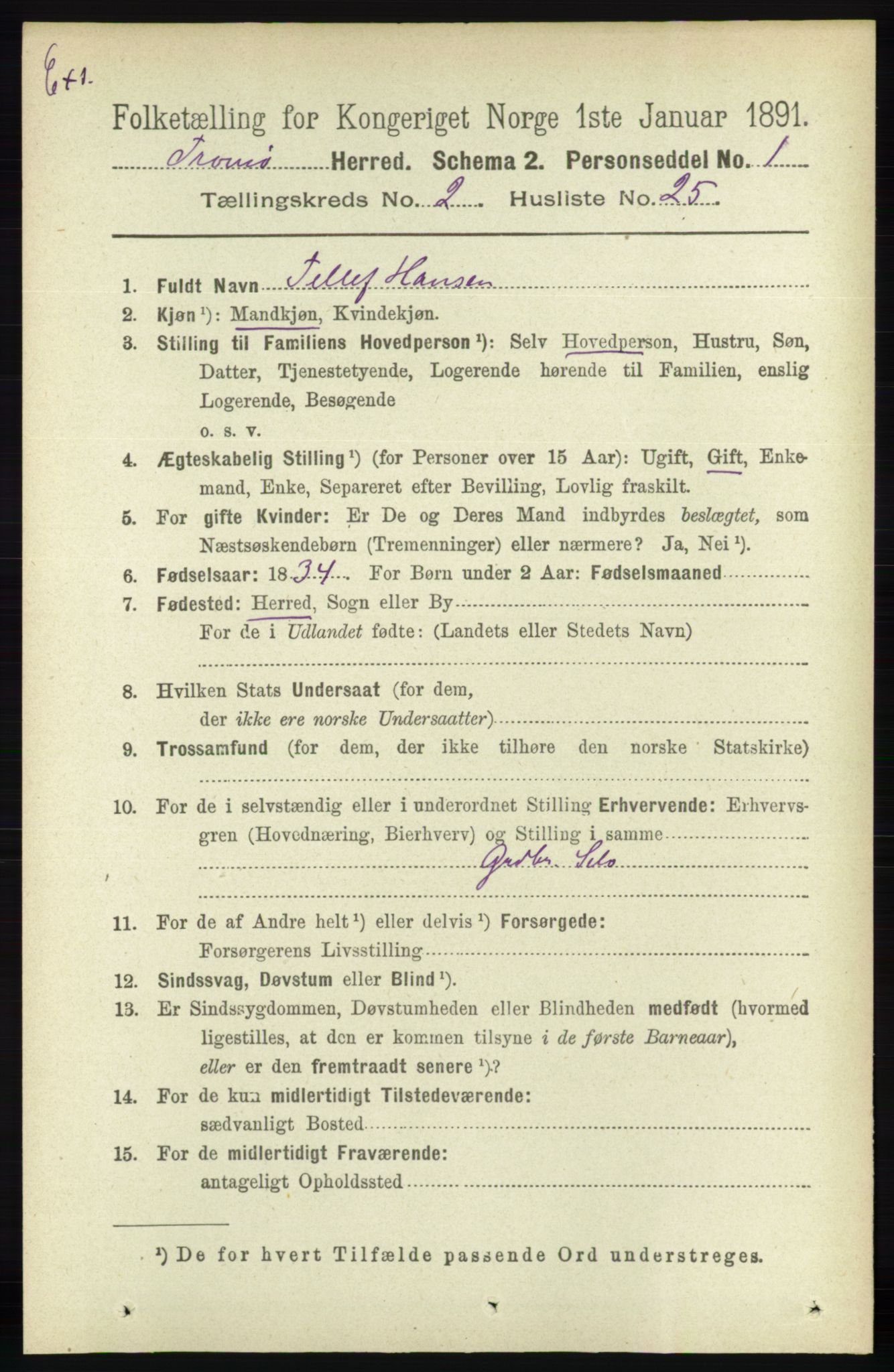 RA, Census 1891 for Nedenes amt: Gjenparter av personsedler for beslektede ektefeller, menn, 1891, p. 563