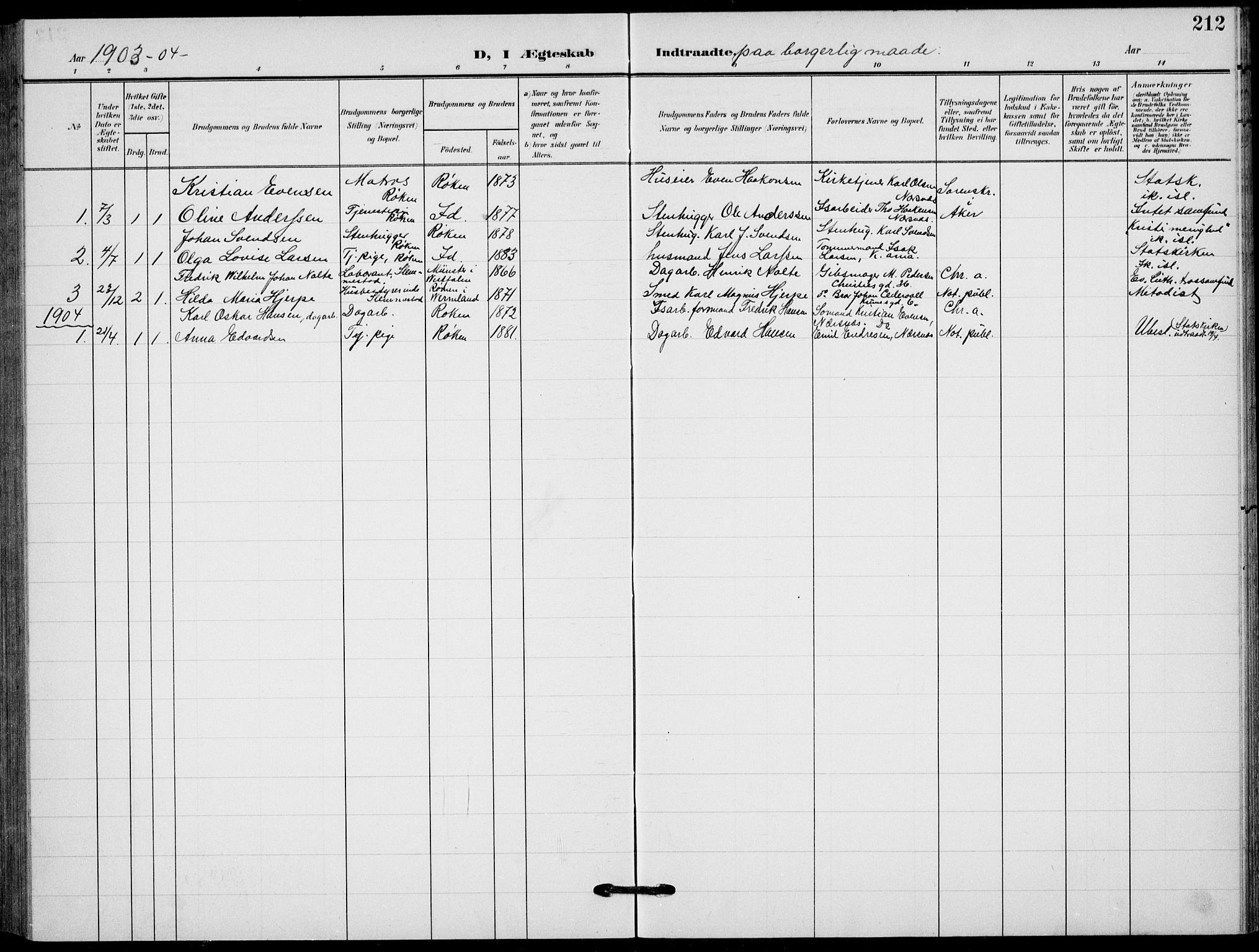 Røyken kirkebøker, AV/SAKO-A-241/G/Ga/L0005: Parish register (copy) no. 5, 1903-1918, p. 212