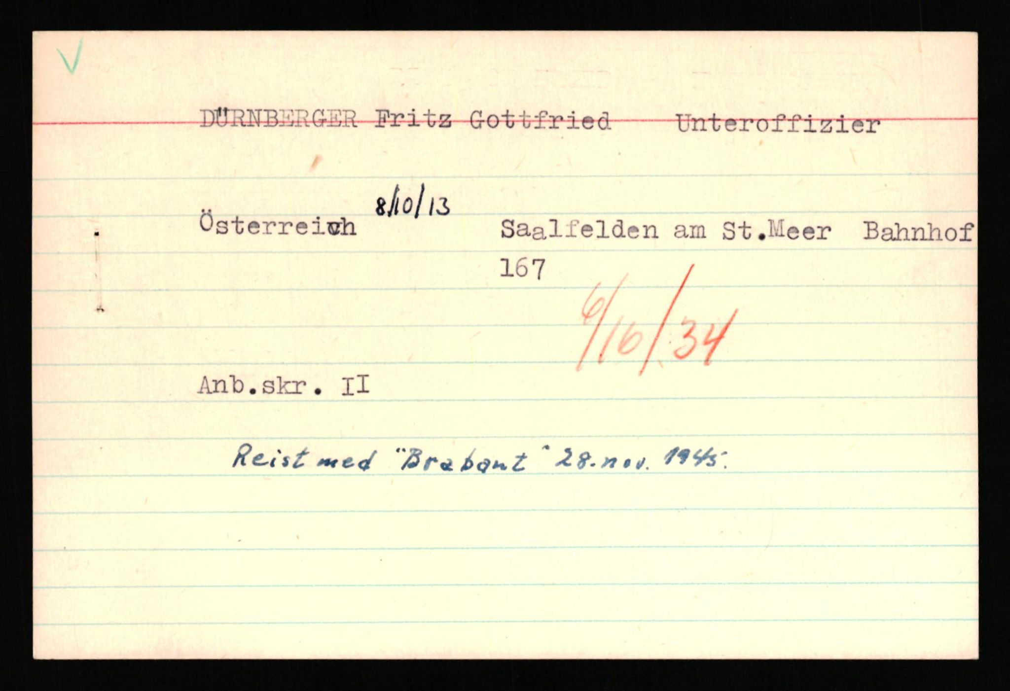 Forsvaret, Forsvarets overkommando II, AV/RA-RAFA-3915/D/Db/L0038: CI Questionaires. Tyske okkupasjonsstyrker i Norge. Østerrikere., 1945-1946, p. 249