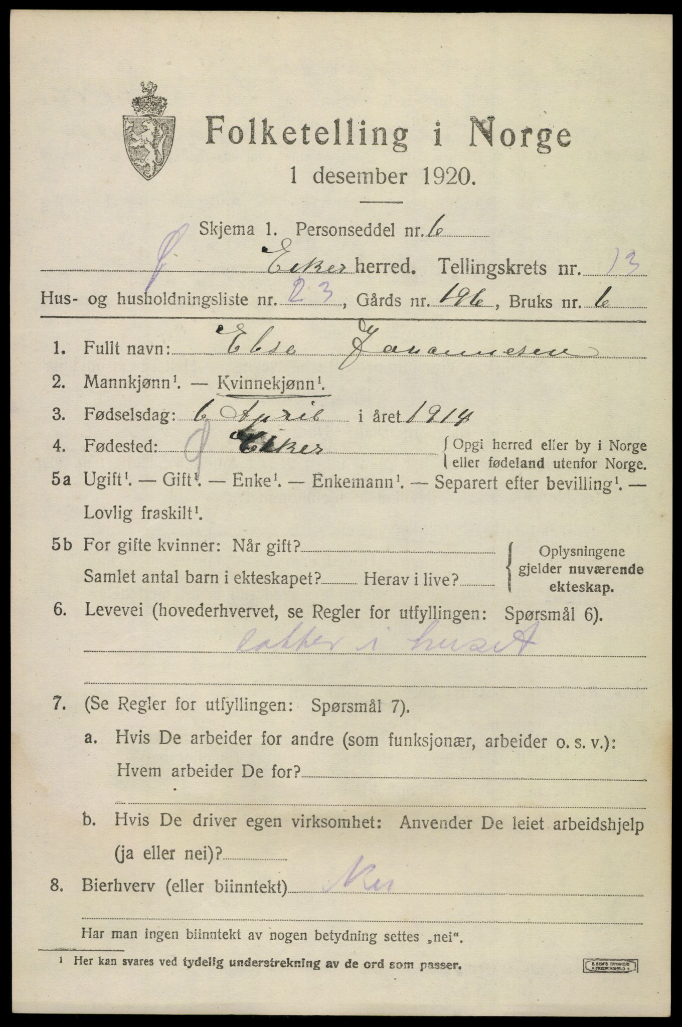 SAKO, 1920 census for Øvre Eiker, 1920, p. 19856