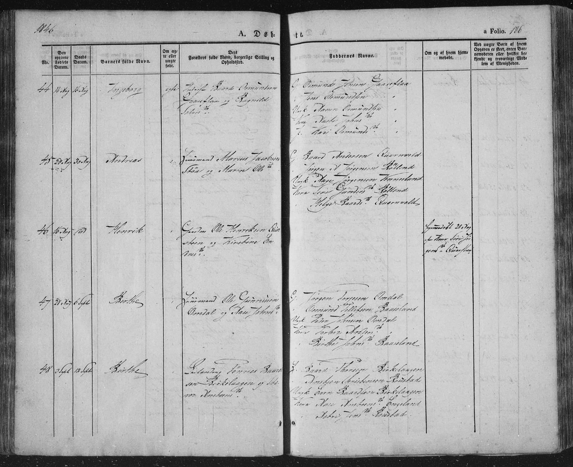 Vennesla sokneprestkontor, AV/SAK-1111-0045/Fa/Fac/L0004: Parish register (official) no. A 4, 1834-1855, p. 186