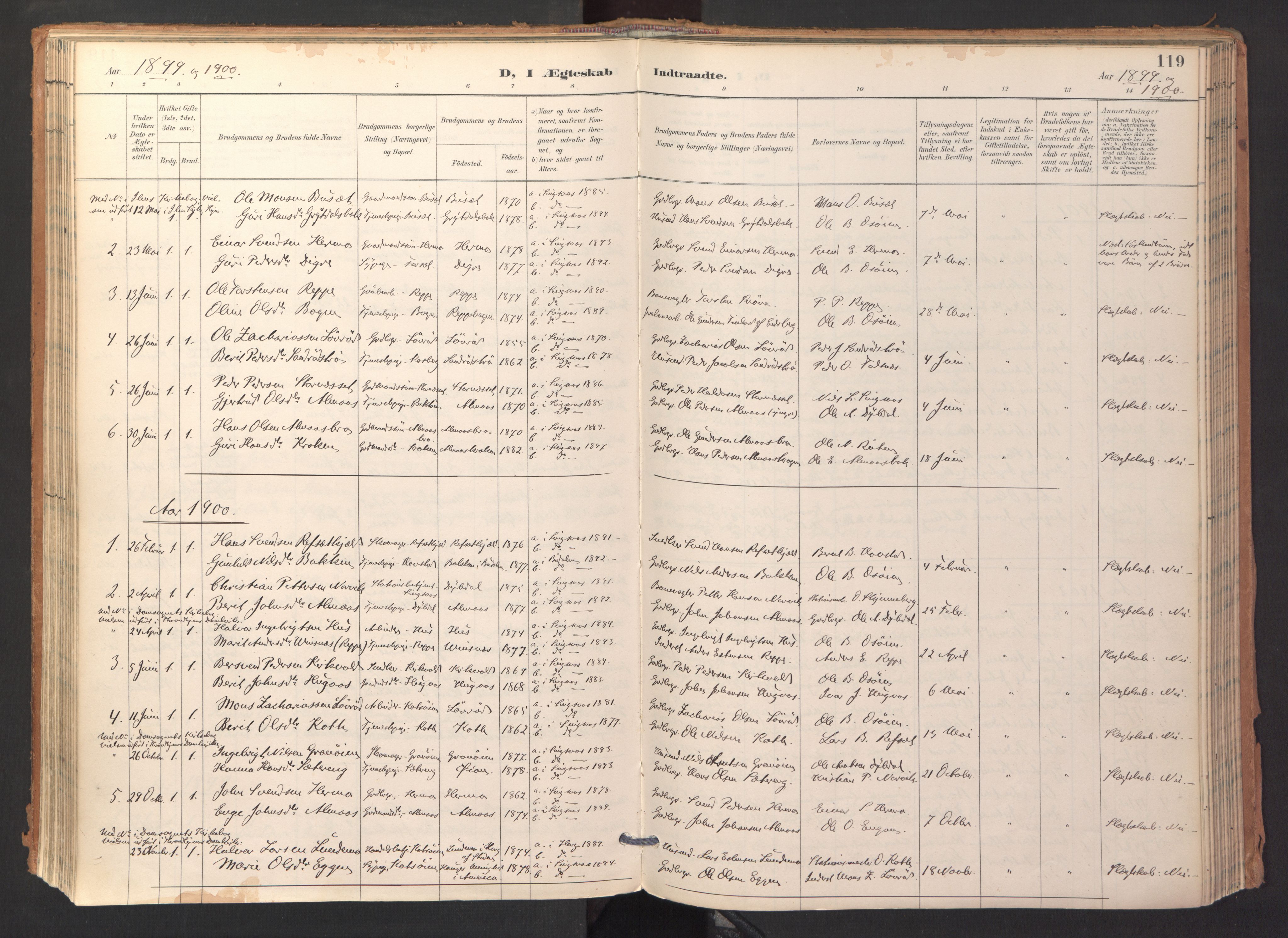 Ministerialprotokoller, klokkerbøker og fødselsregistre - Sør-Trøndelag, SAT/A-1456/688/L1025: Parish register (official) no. 688A02, 1891-1909, p. 119