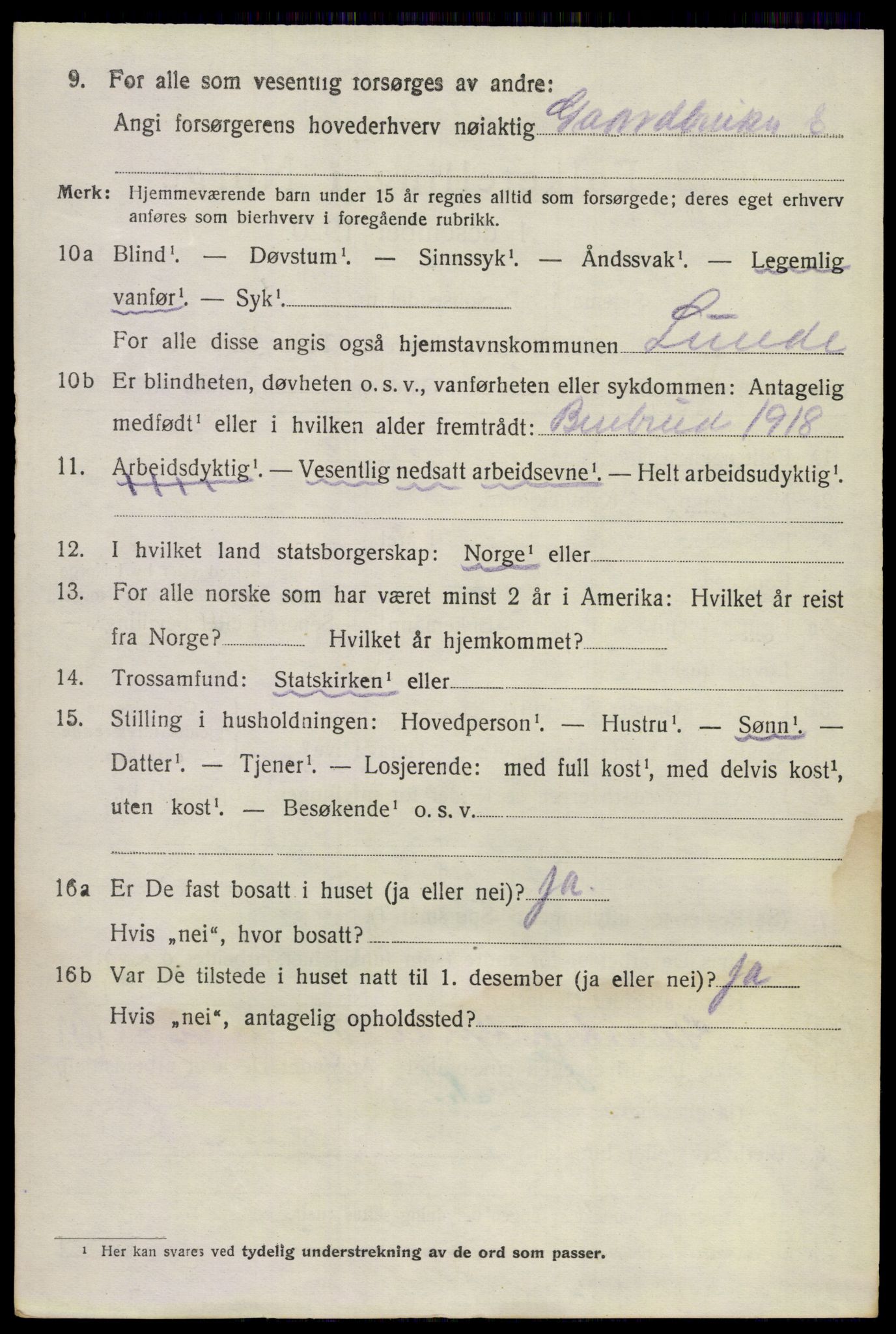 SAKO, 1920 census for Lunde, 1920, p. 3420