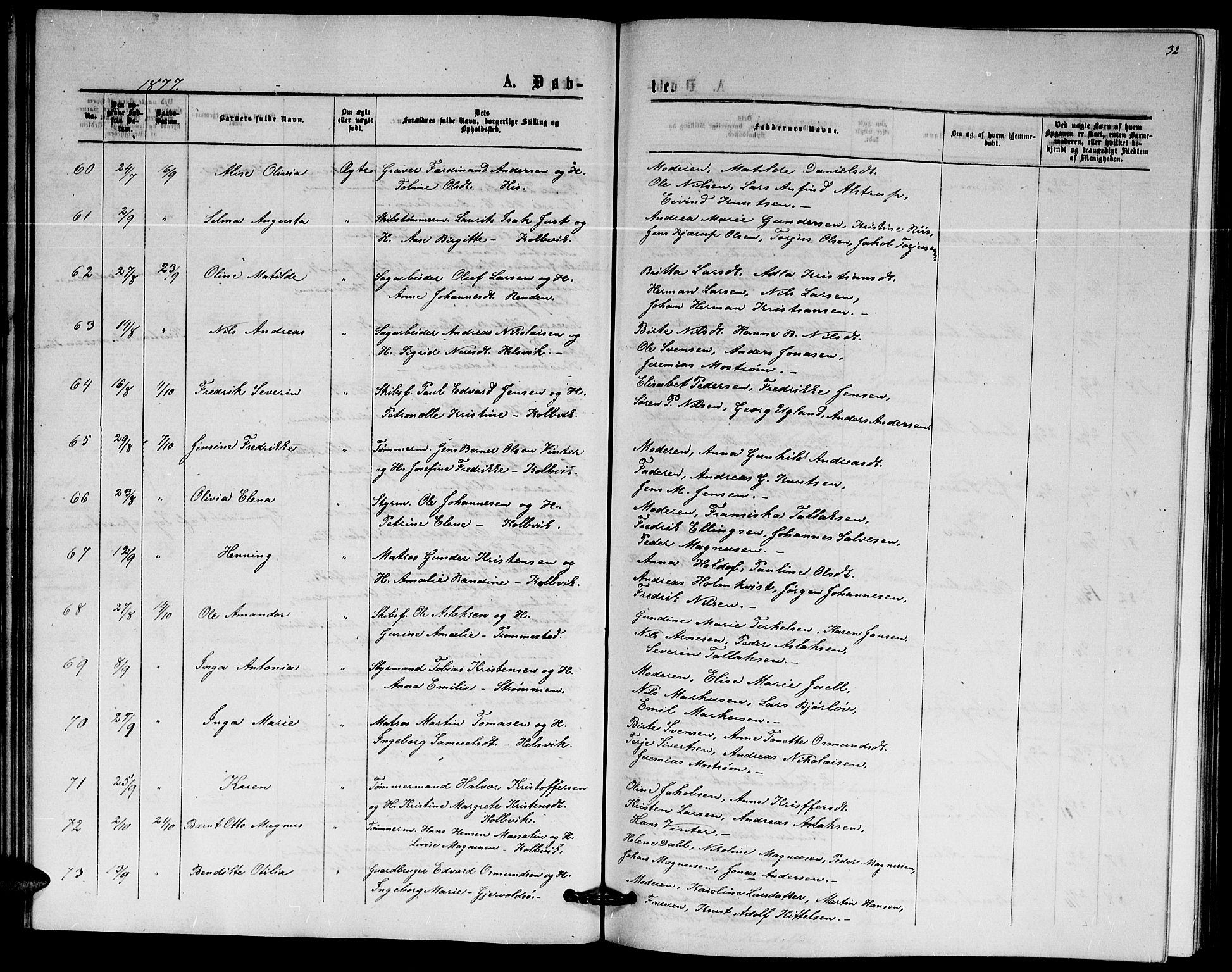 Hisøy sokneprestkontor, AV/SAK-1111-0020/F/Fb/L0002: Parish register (copy) no. B 2, 1873-1885, p. 32