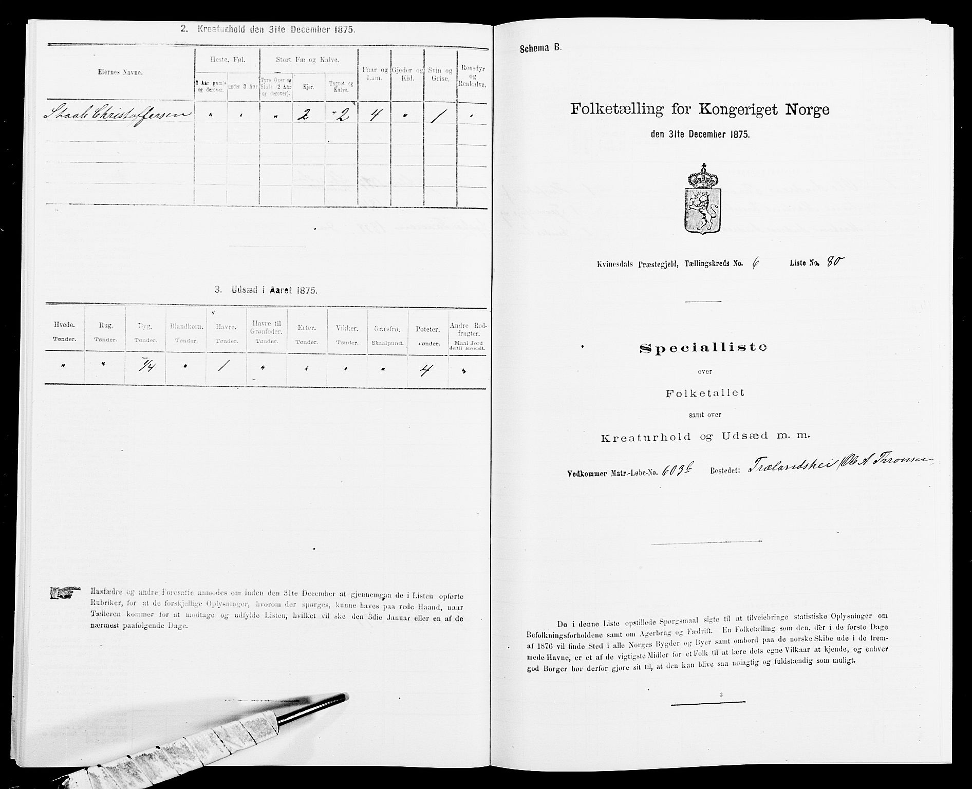 SAK, 1875 census for 1037P Kvinesdal, 1875, p. 1074