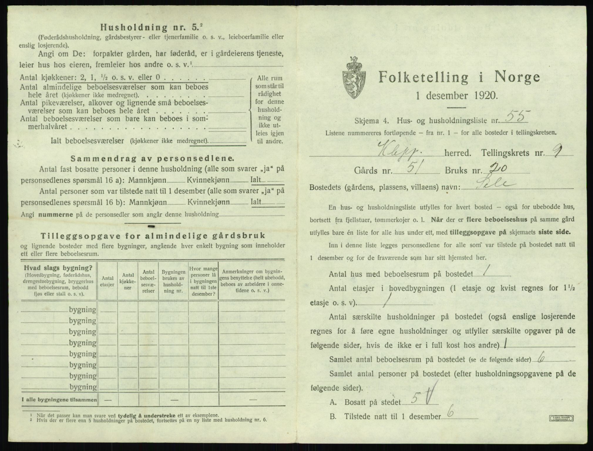 SAST, 1920 census for Klepp, 1920, p. 1174