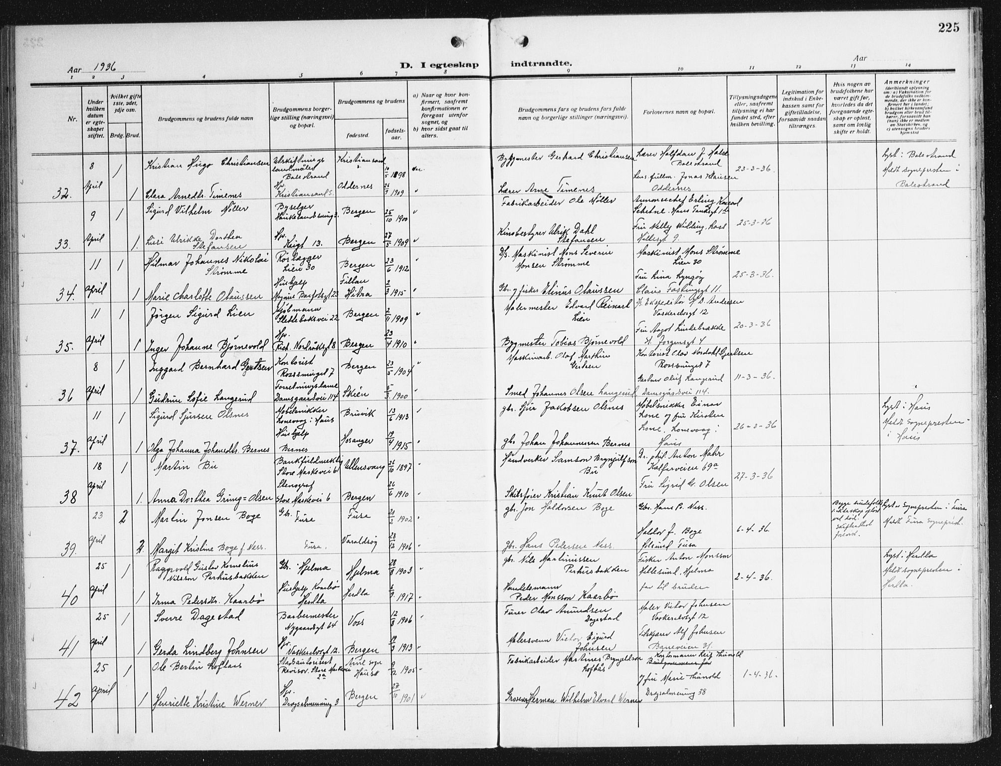 Domkirken sokneprestembete, AV/SAB-A-74801/H/Haa/L0039: Parish register (official) no. D 6, 1921-1937, p. 225