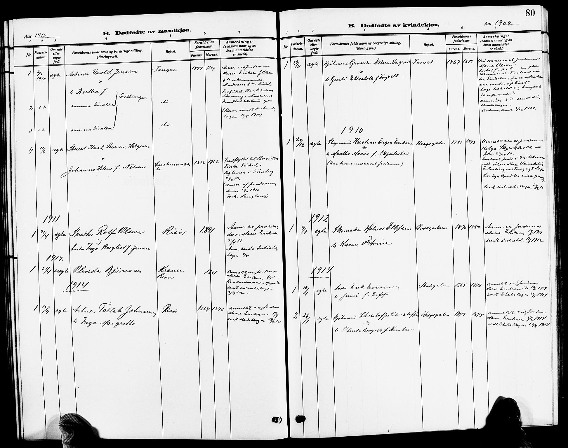 Risør sokneprestkontor, AV/SAK-1111-0035/F/Fb/L0008: Parish register (copy) no. B 8, 1909-1921, p. 80