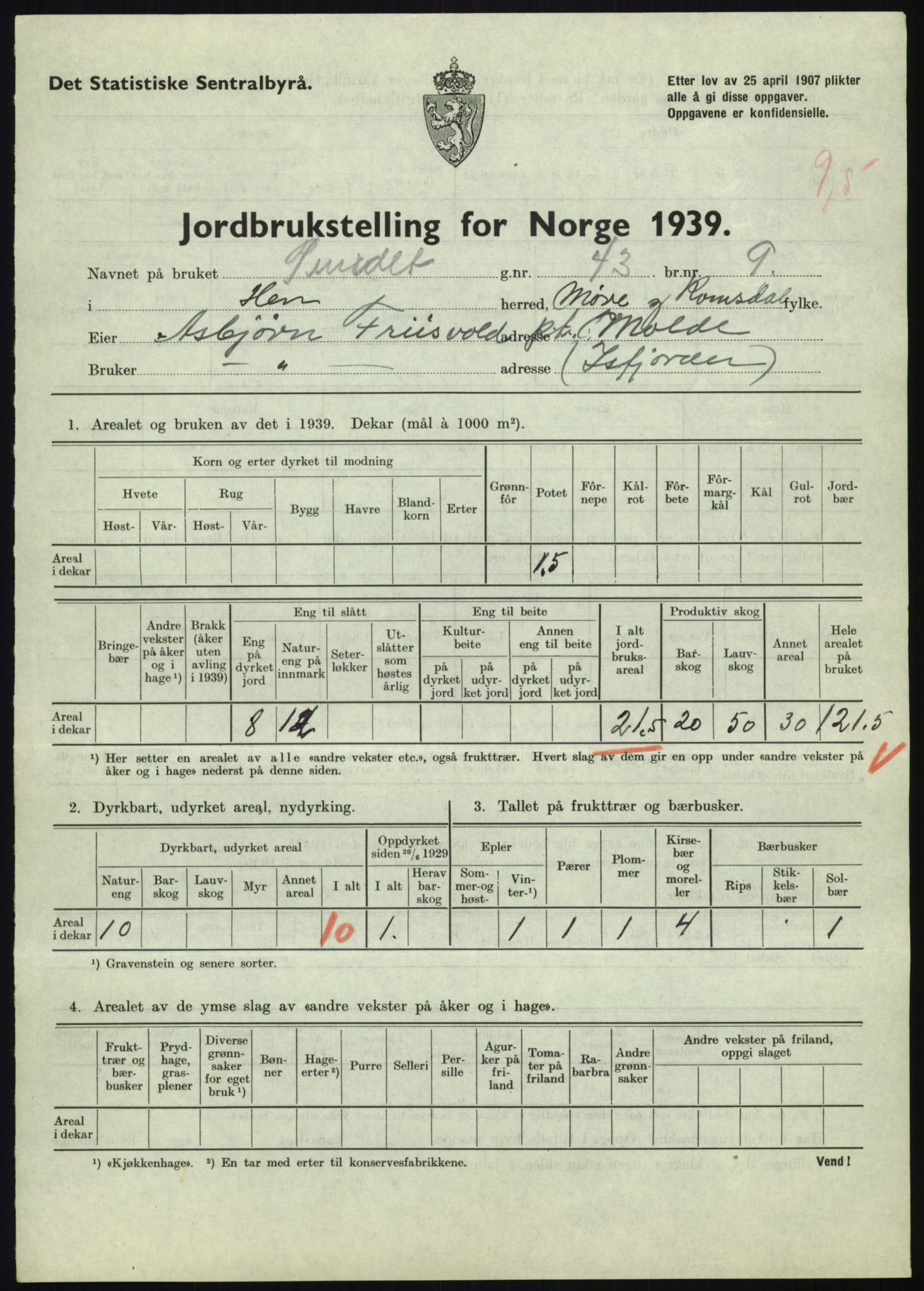 Statistisk sentralbyrå, Næringsøkonomiske emner, Jordbruk, skogbruk, jakt, fiske og fangst, AV/RA-S-2234/G/Gb/L0251: Møre og Romsdal: Voll, Eid, Grytten og Hen, 1939, p. 1199