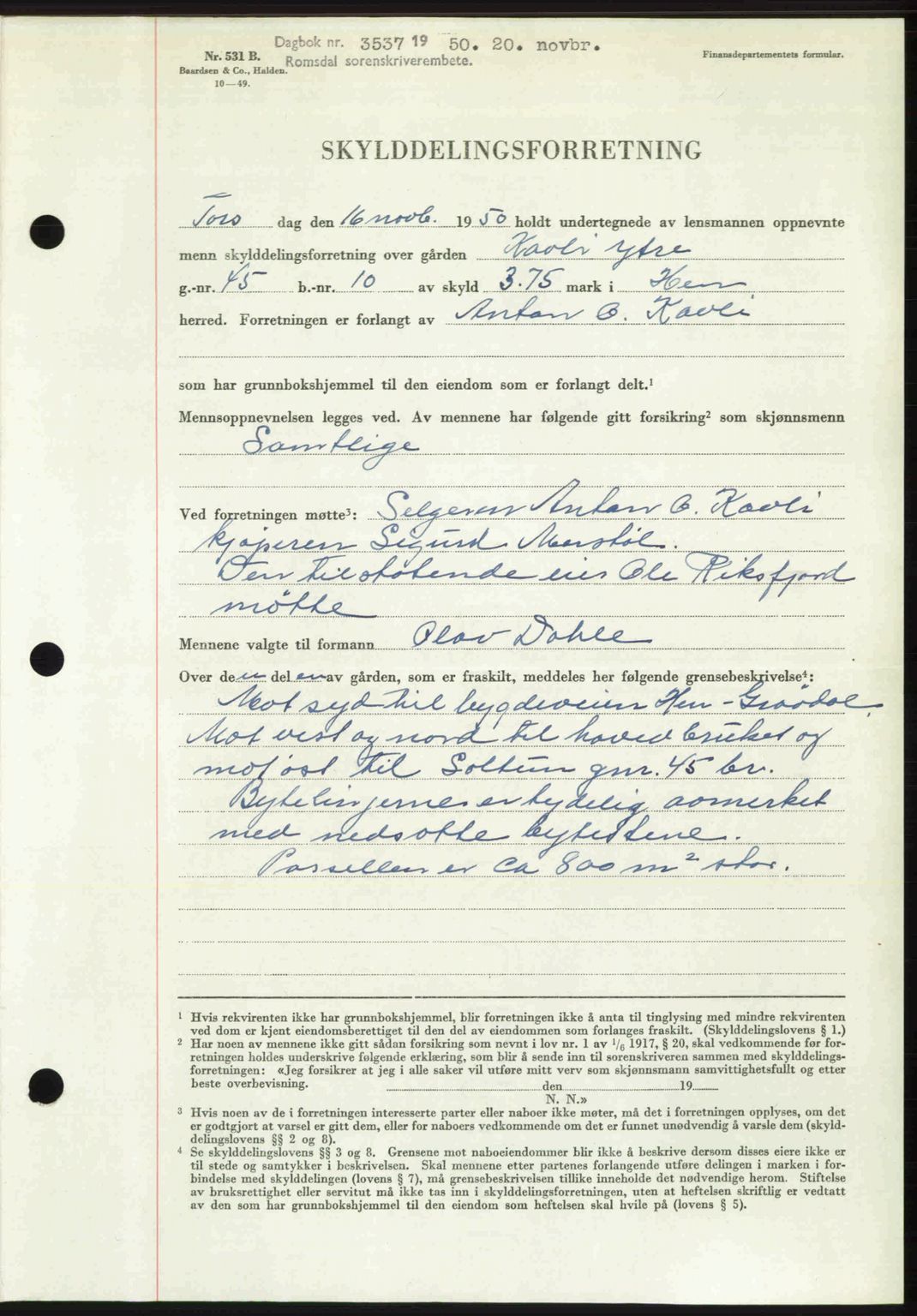 Romsdal sorenskriveri, AV/SAT-A-4149/1/2/2C: Mortgage book no. A34, 1950-1950, Diary no: : 3537/1950