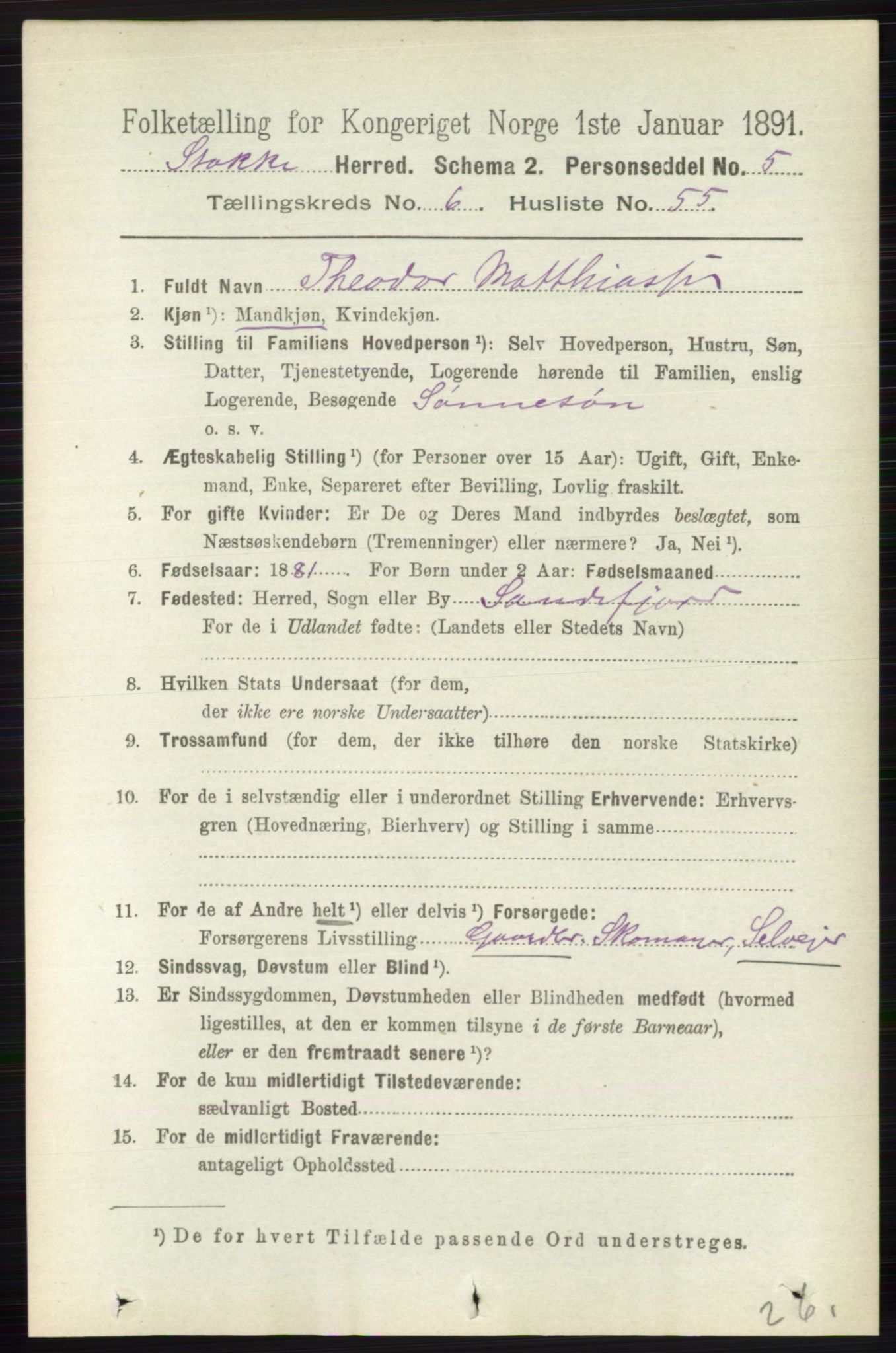 RA, 1891 census for 0720 Stokke, 1891, p. 4163