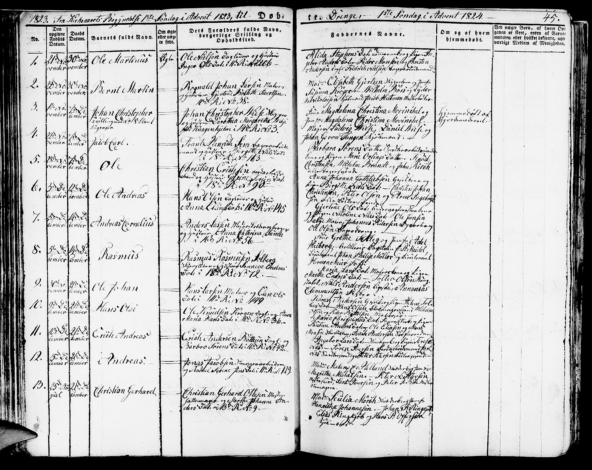 Domkirken sokneprestembete, SAB/A-74801/H/Haa/L0012: Parish register (official) no. A 12, 1821-1840, p. 45