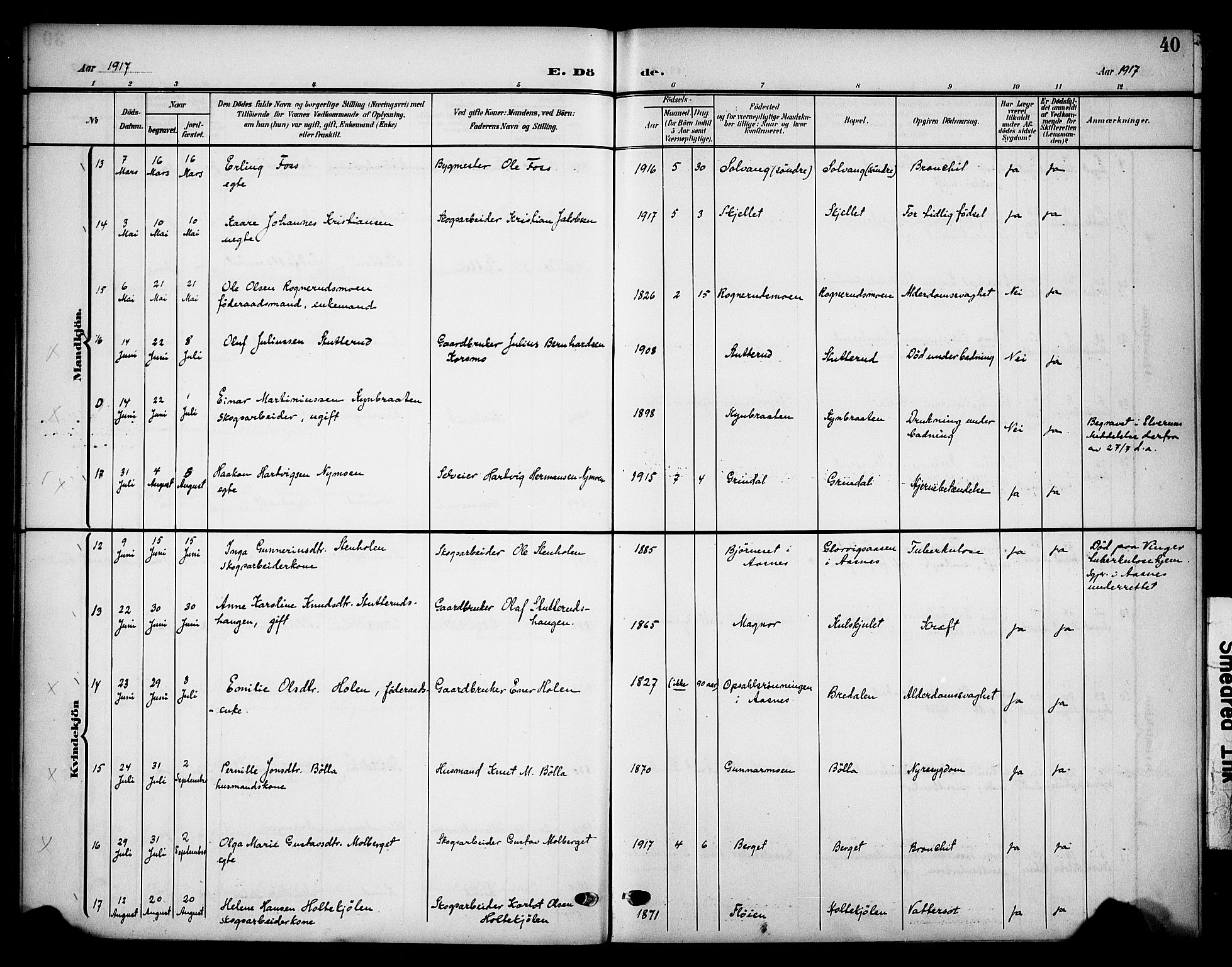 Våler prestekontor, Hedmark, AV/SAH-PREST-040/H/Ha/Haa/L0007: Parish register (official) no. 7, 1908-1919, p. 40