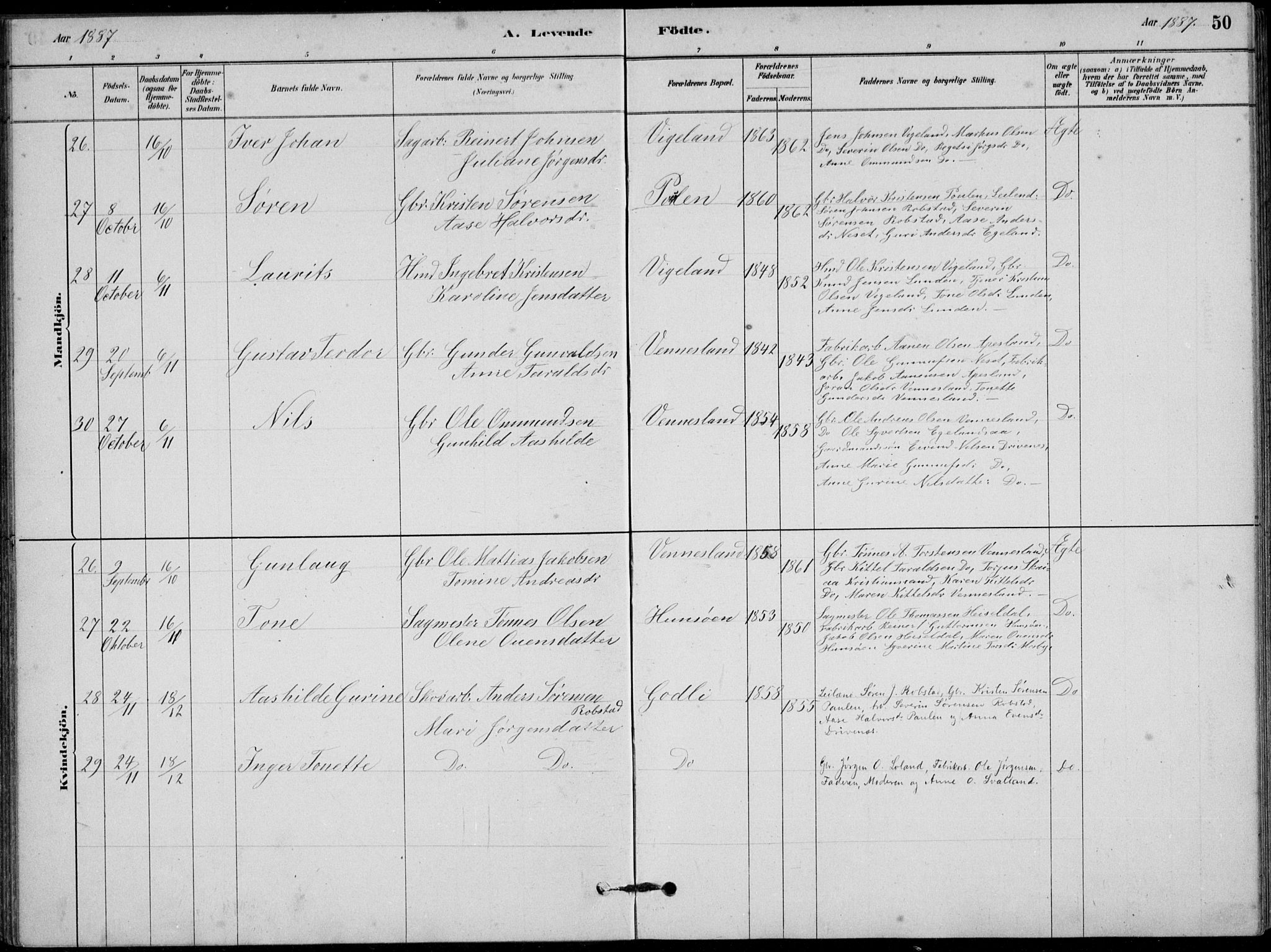 Vennesla sokneprestkontor, SAK/1111-0045/Fb/Fbb/L0003: Parish register (copy) no. B 3, 1879-1893, p. 50