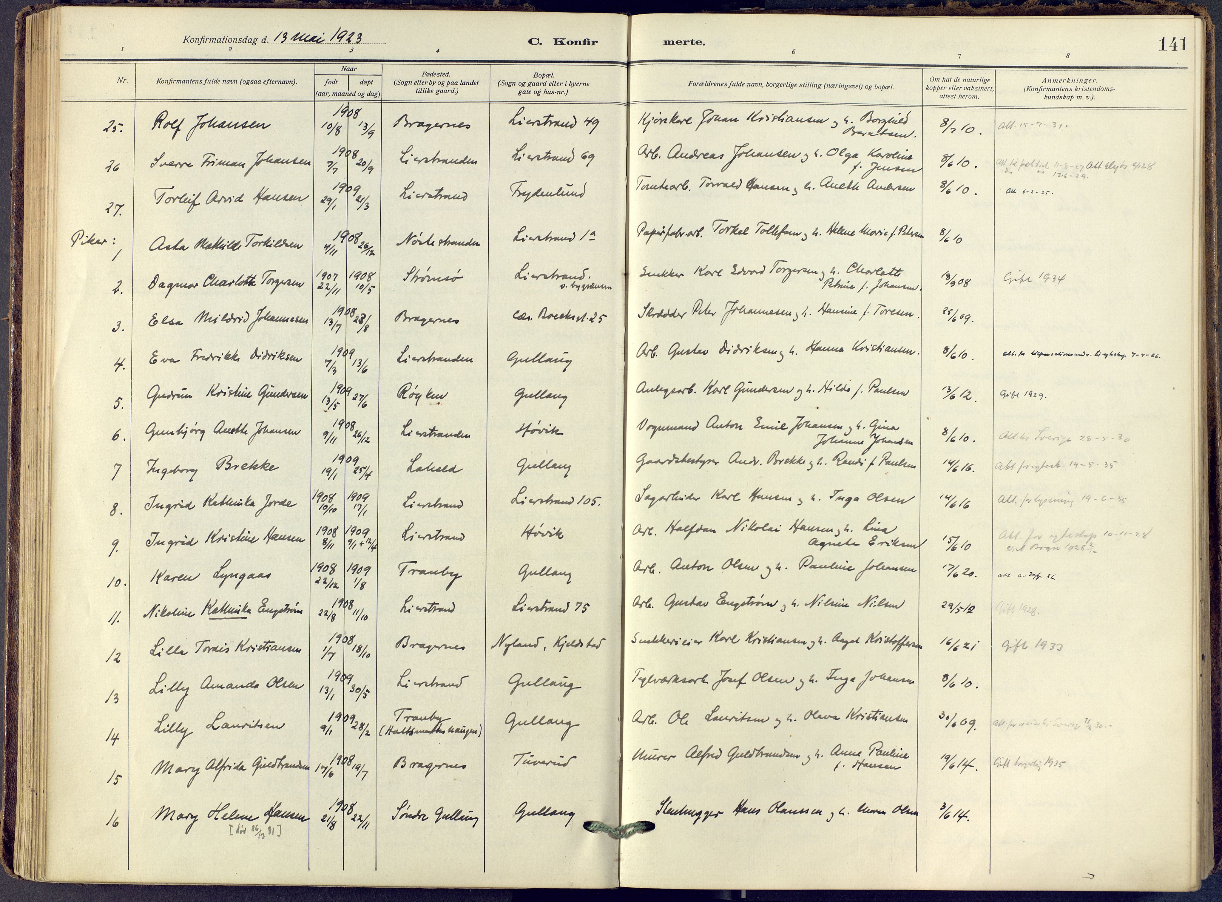 Lier kirkebøker, SAKO/A-230/F/Fa/L0019: Parish register (official) no. I 19, 1918-1928, p. 141