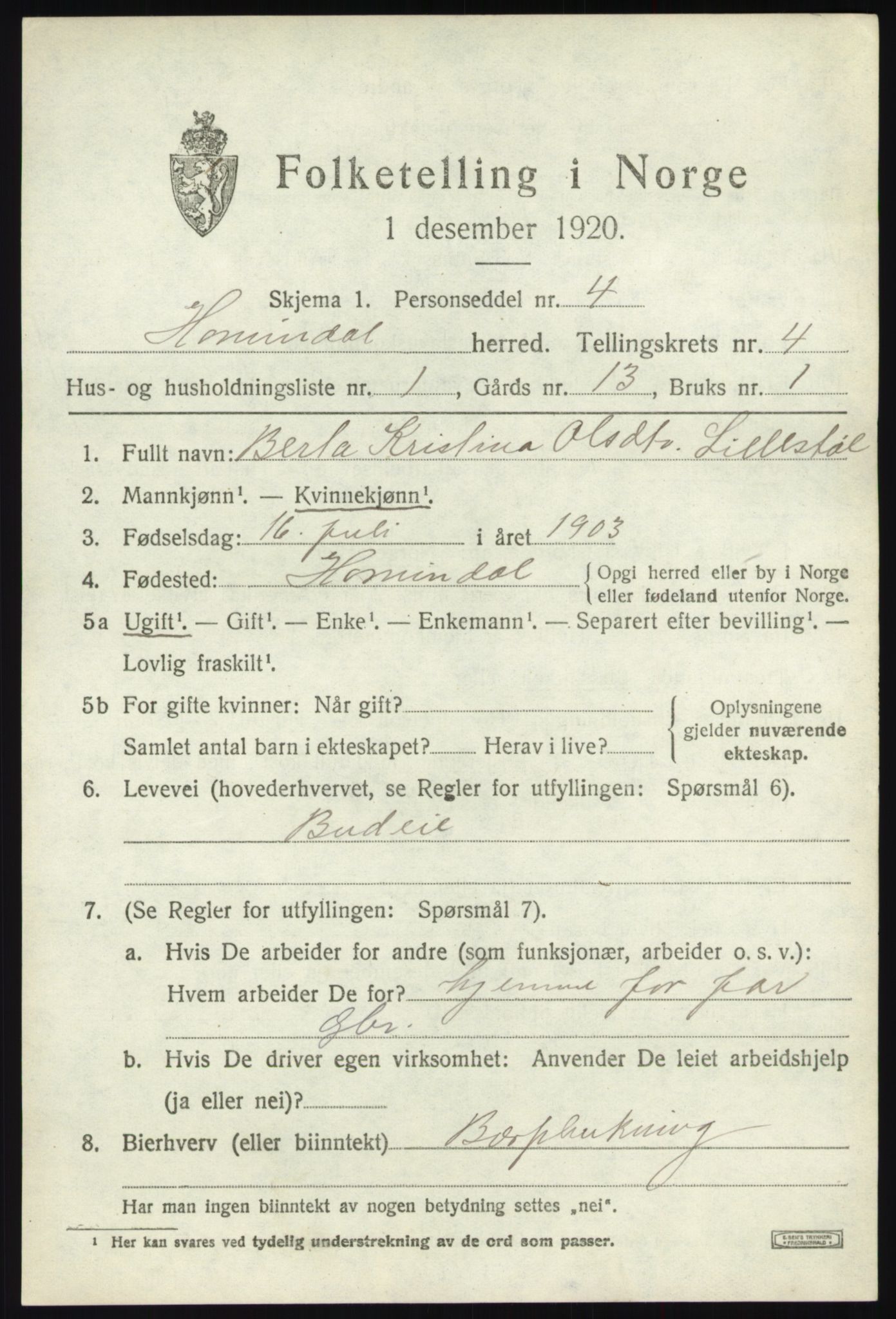 SAB, 1920 census for Hornindal, 1920, p. 1764