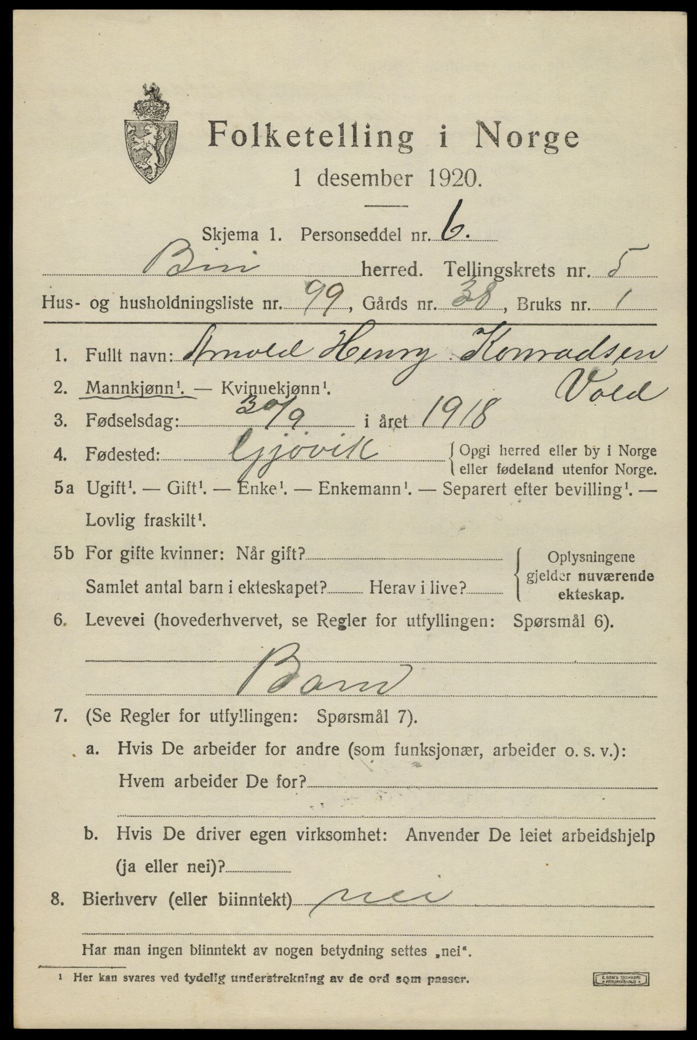 SAH, 1920 census for Biri, 1920, p. 5475