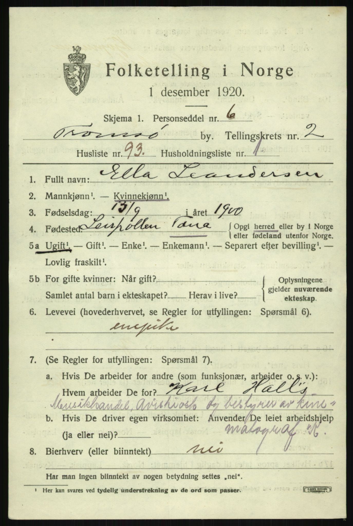 SATØ, 1920 census for Tromsø, 1920, p. 10359