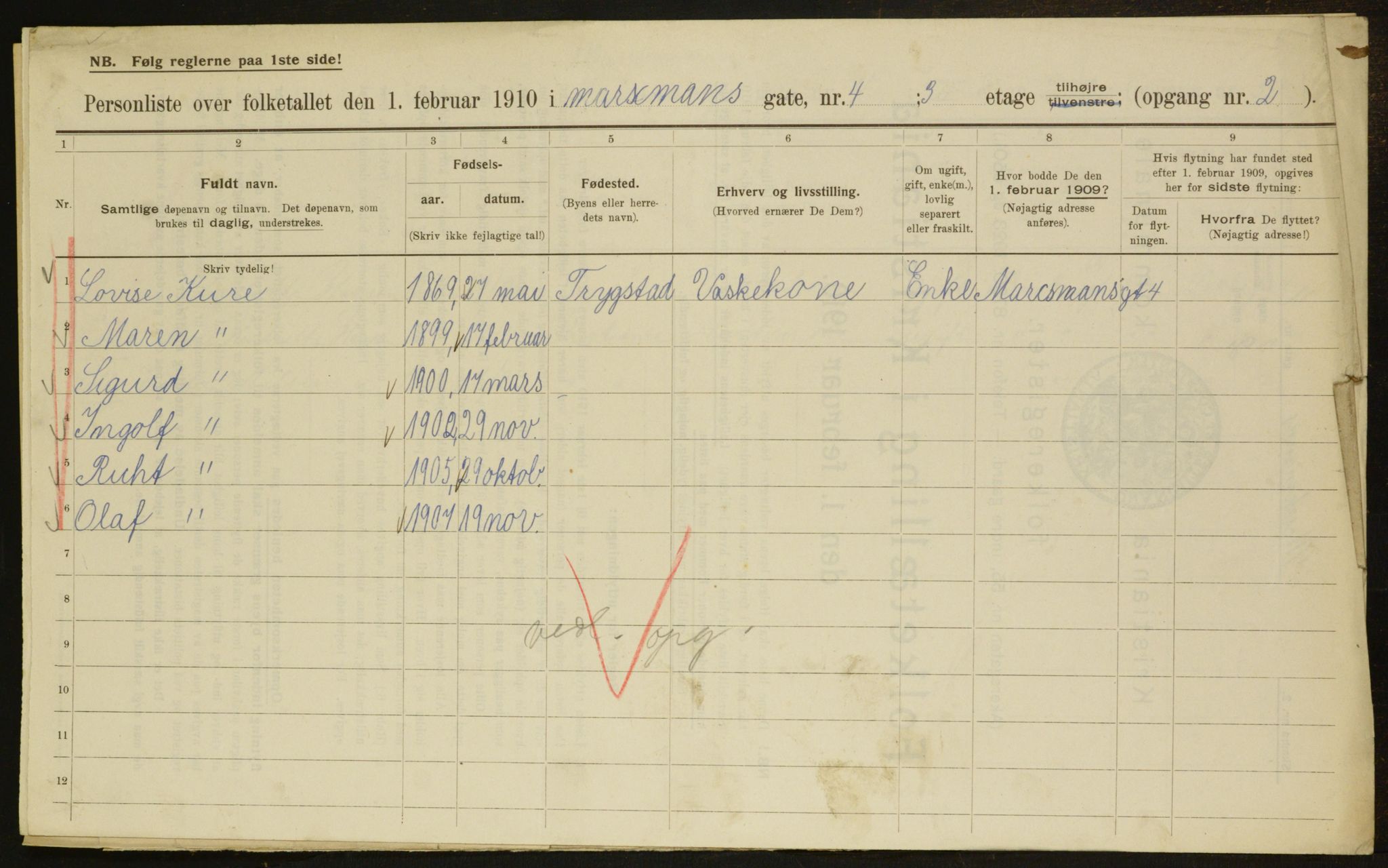 OBA, Municipal Census 1910 for Kristiania, 1910, p. 62703