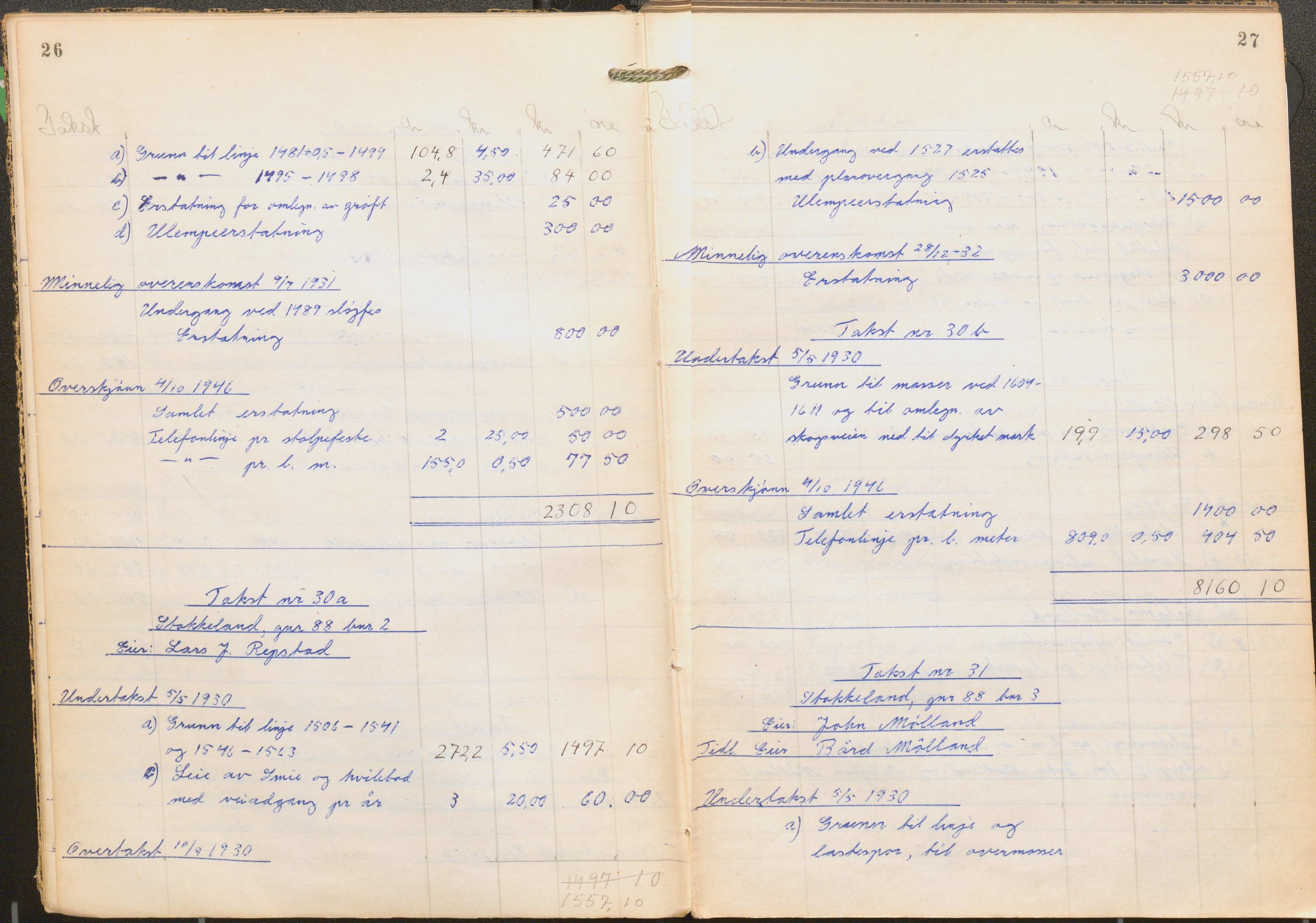 NSB Baneavdelingen, AV/SAK-1821-0004/F/Fc/Fch/L0256/0003: Grunnerstatninger, målebrev / Kartkonduktørprotokoll for Kristiansand - Moi, 1. og 2. avd., 1947, p. 26-27