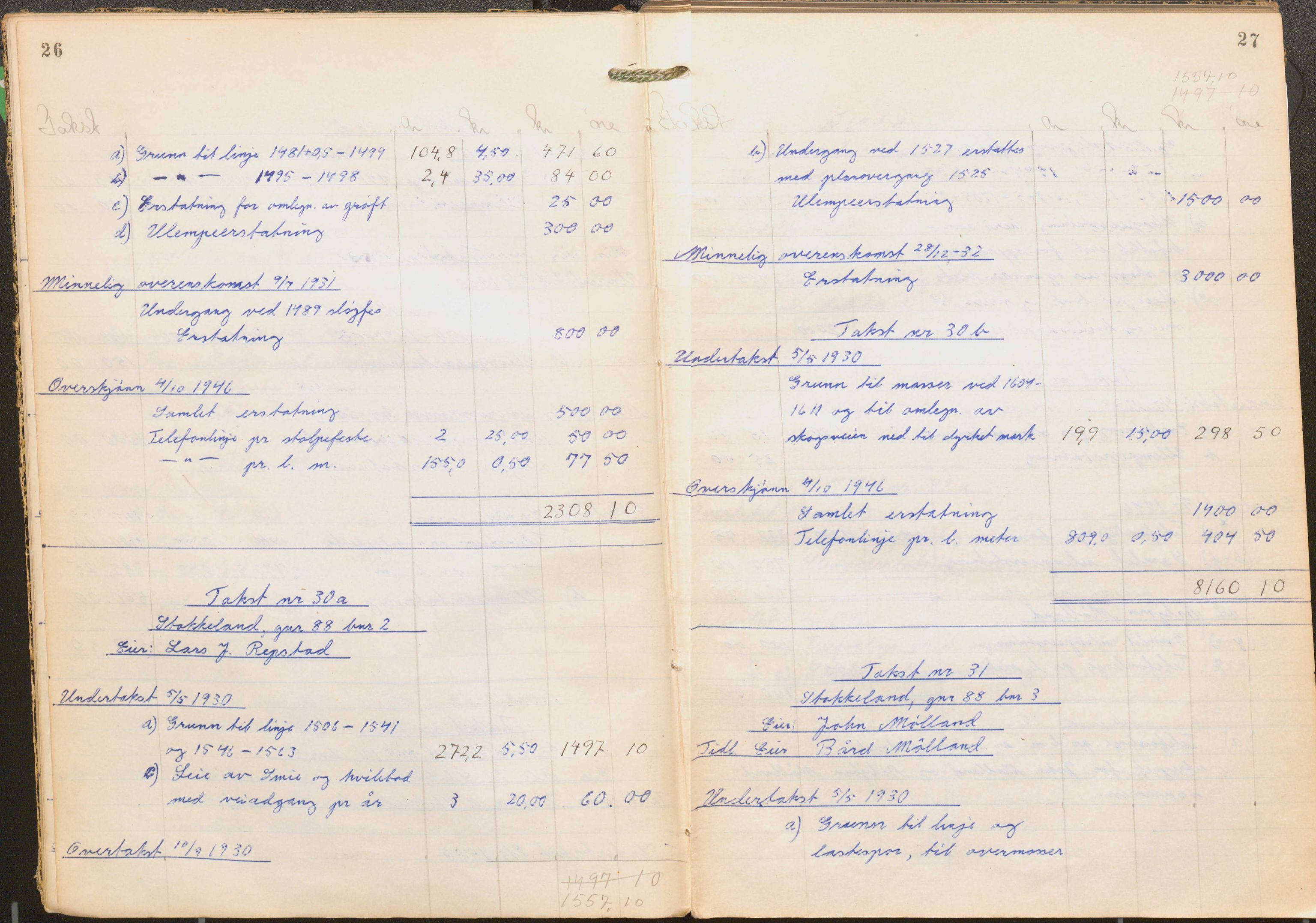 NSB Baneavdelingen, SAK/1821-0004/F/Fc/Fch/L0256/0003: Grunnerstatninger, målebrev / Kartkonduktørprotokoll for Kristiansand - Moi, 1. og 2. avd., 1947, p. 26-27