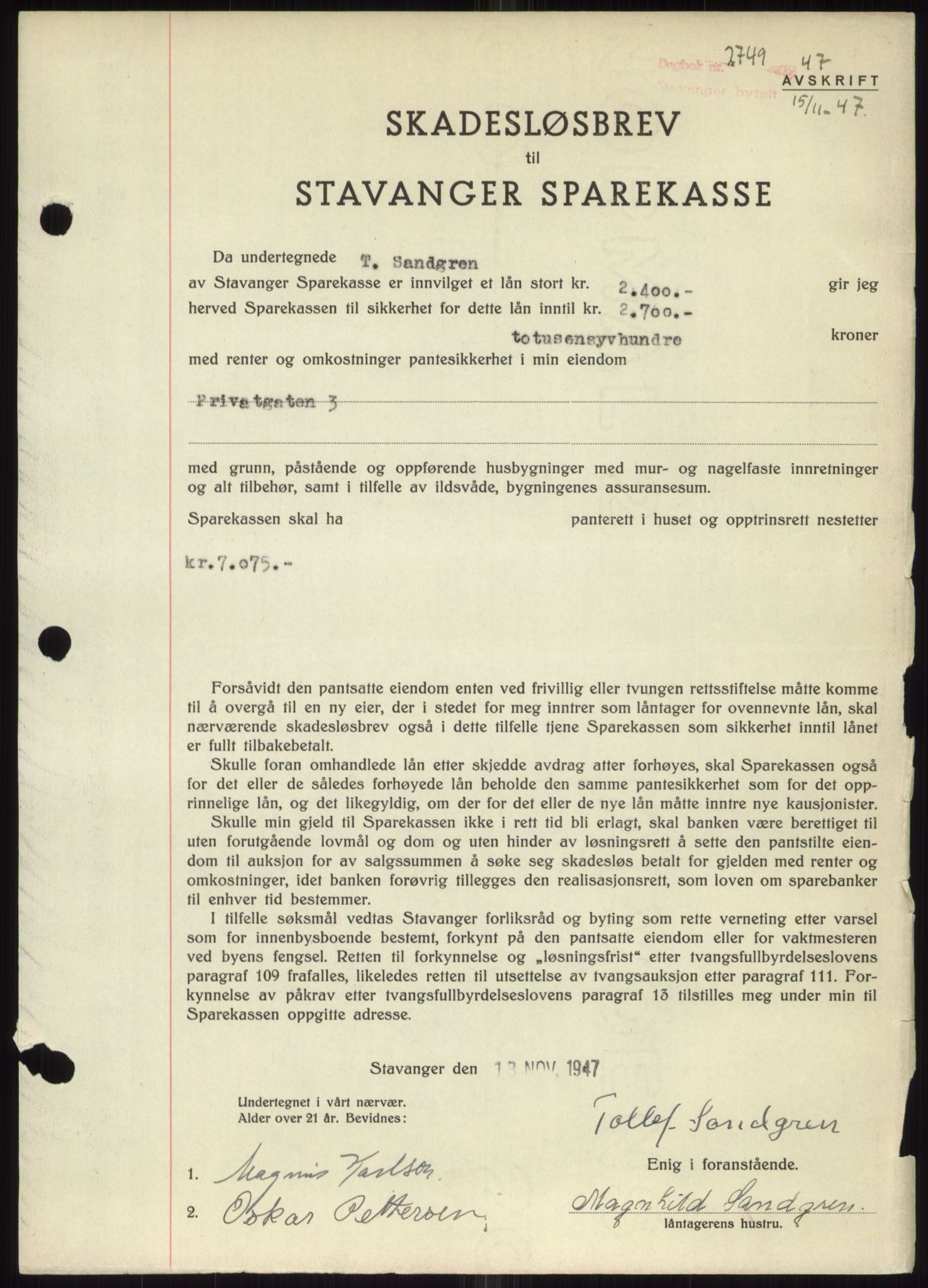 Stavanger byrett, SAST/A-100455/002/G/Gb/L0032: Mortgage book, 1947-1950, Diary no: : 2749/1947