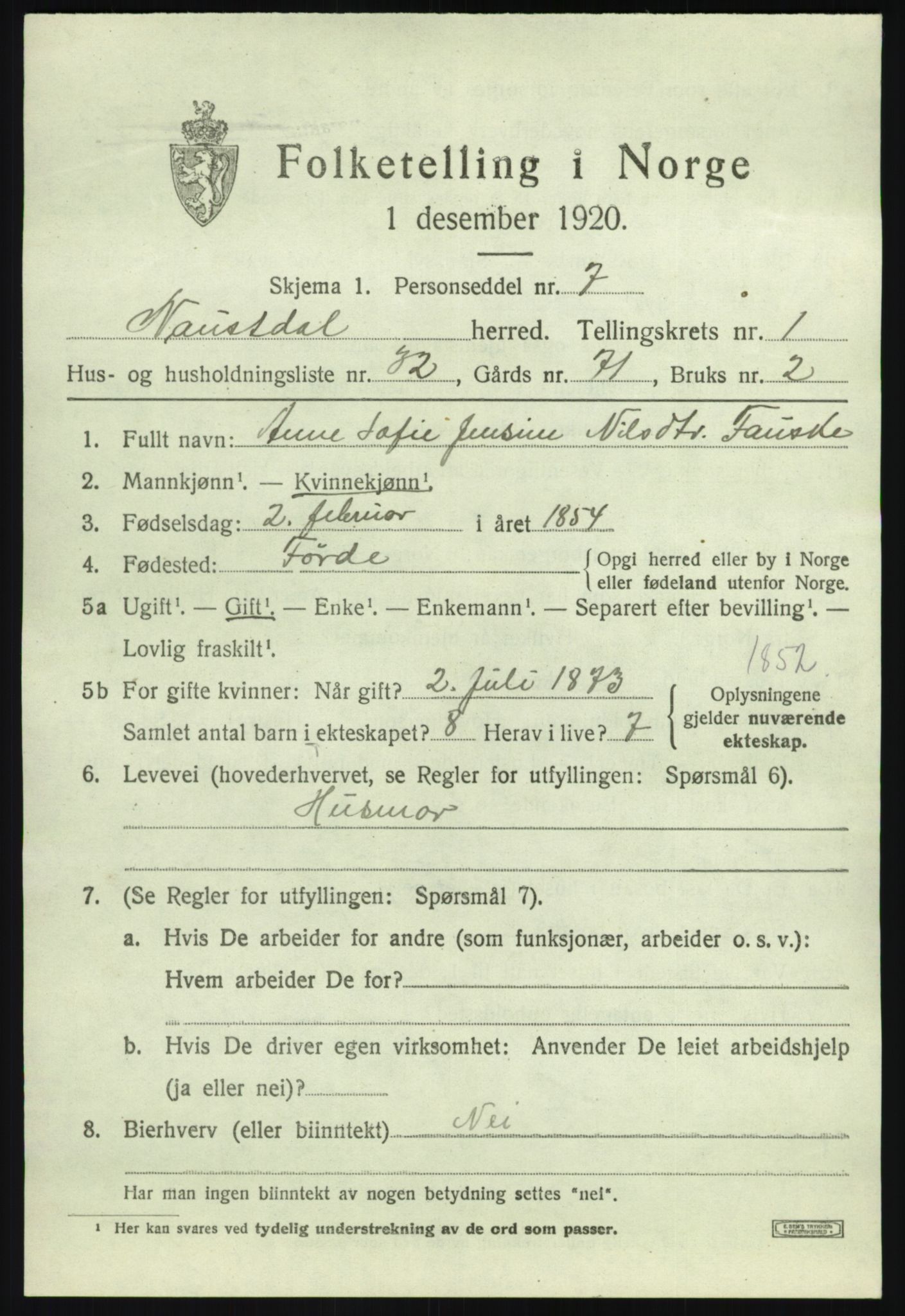 SAB, 1920 census for Naustdal, 1920, p. 1261