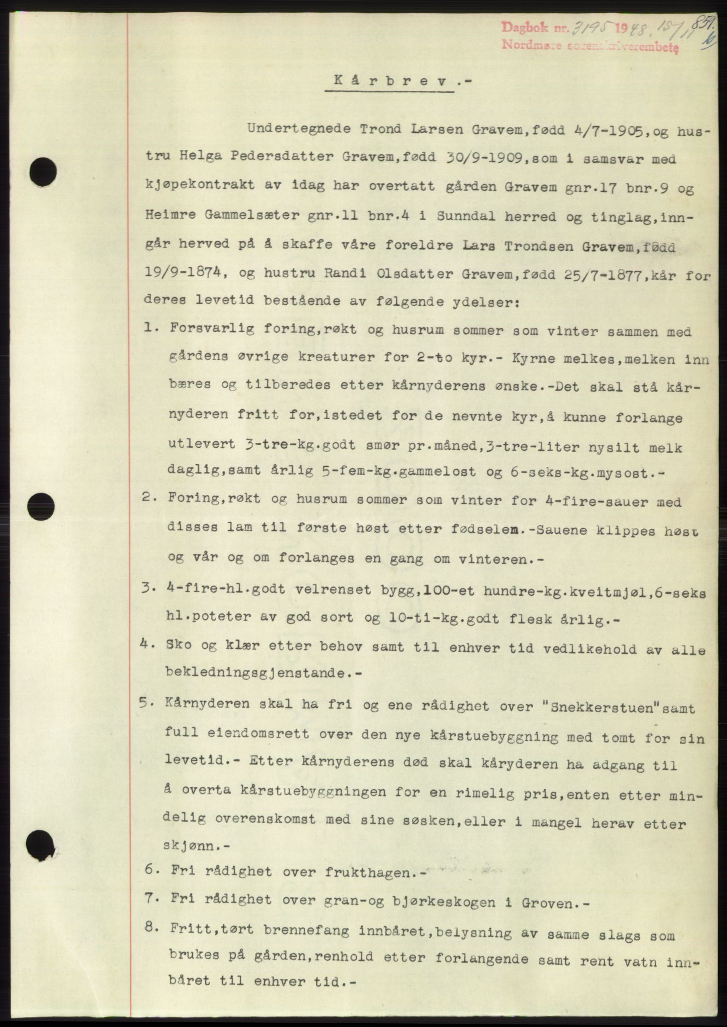 Nordmøre sorenskriveri, AV/SAT-A-4132/1/2/2Ca: Mortgage book no. B100, 1948-1949, Diary no: : 3195/1948