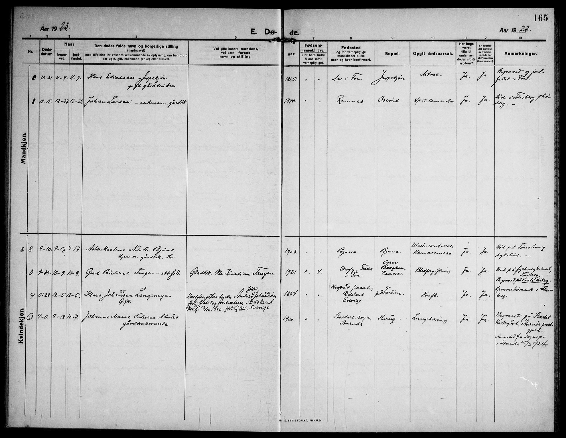 Ramnes kirkebøker, SAKO/A-314/F/Fa/L0009: Parish register (official) no. I 9, 1912-1929, p. 165