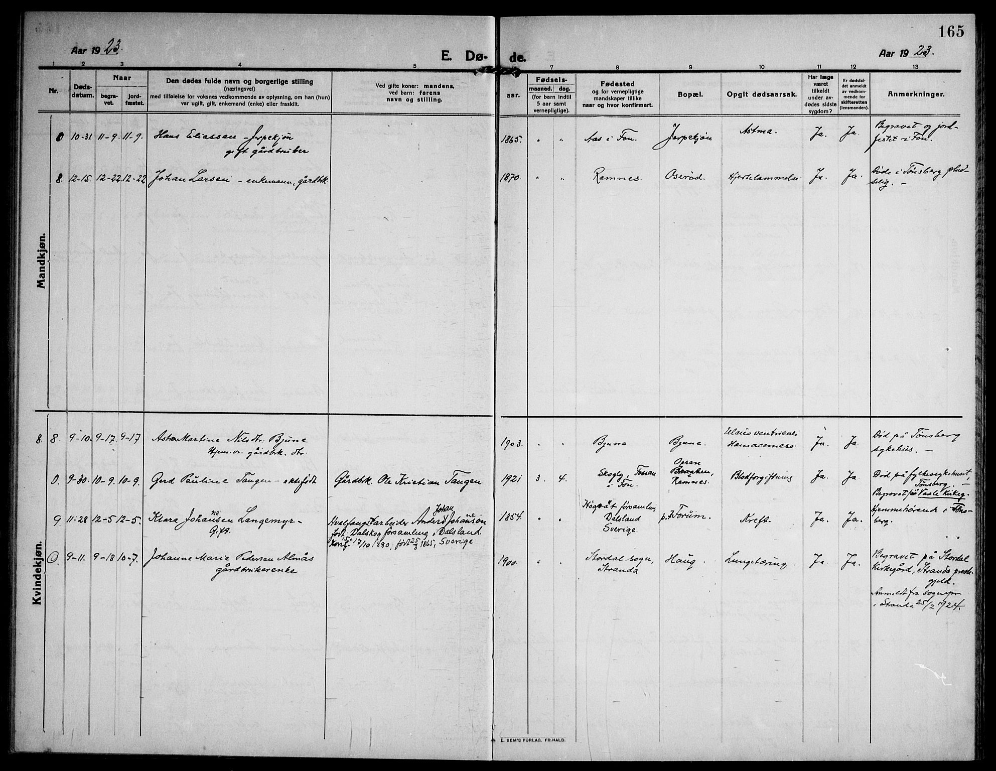 Ramnes kirkebøker, AV/SAKO-A-314/F/Fa/L0009: Parish register (official) no. I 9, 1912-1929, p. 165