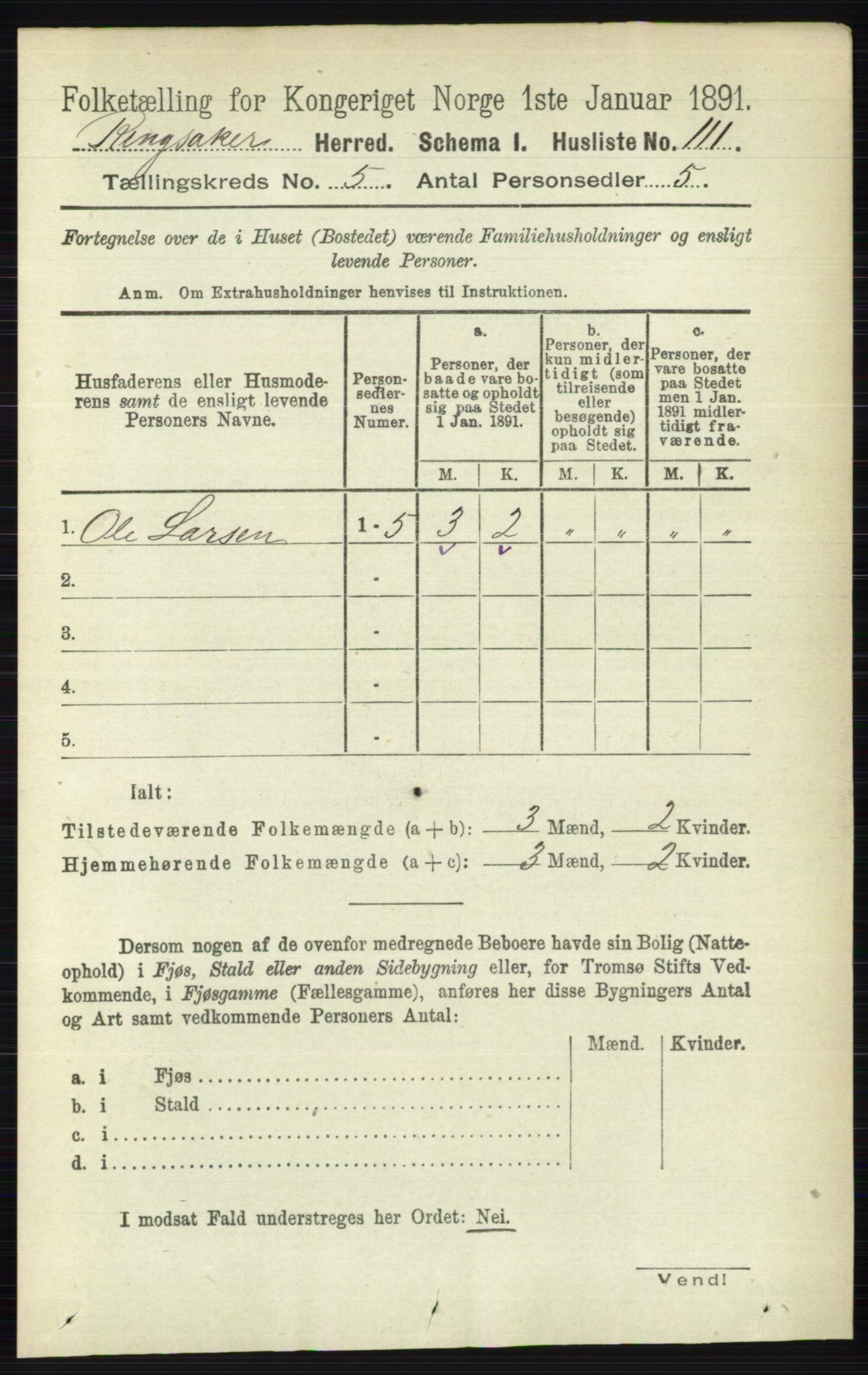 RA, 1891 census for 0412 Ringsaker, 1891, p. 2406