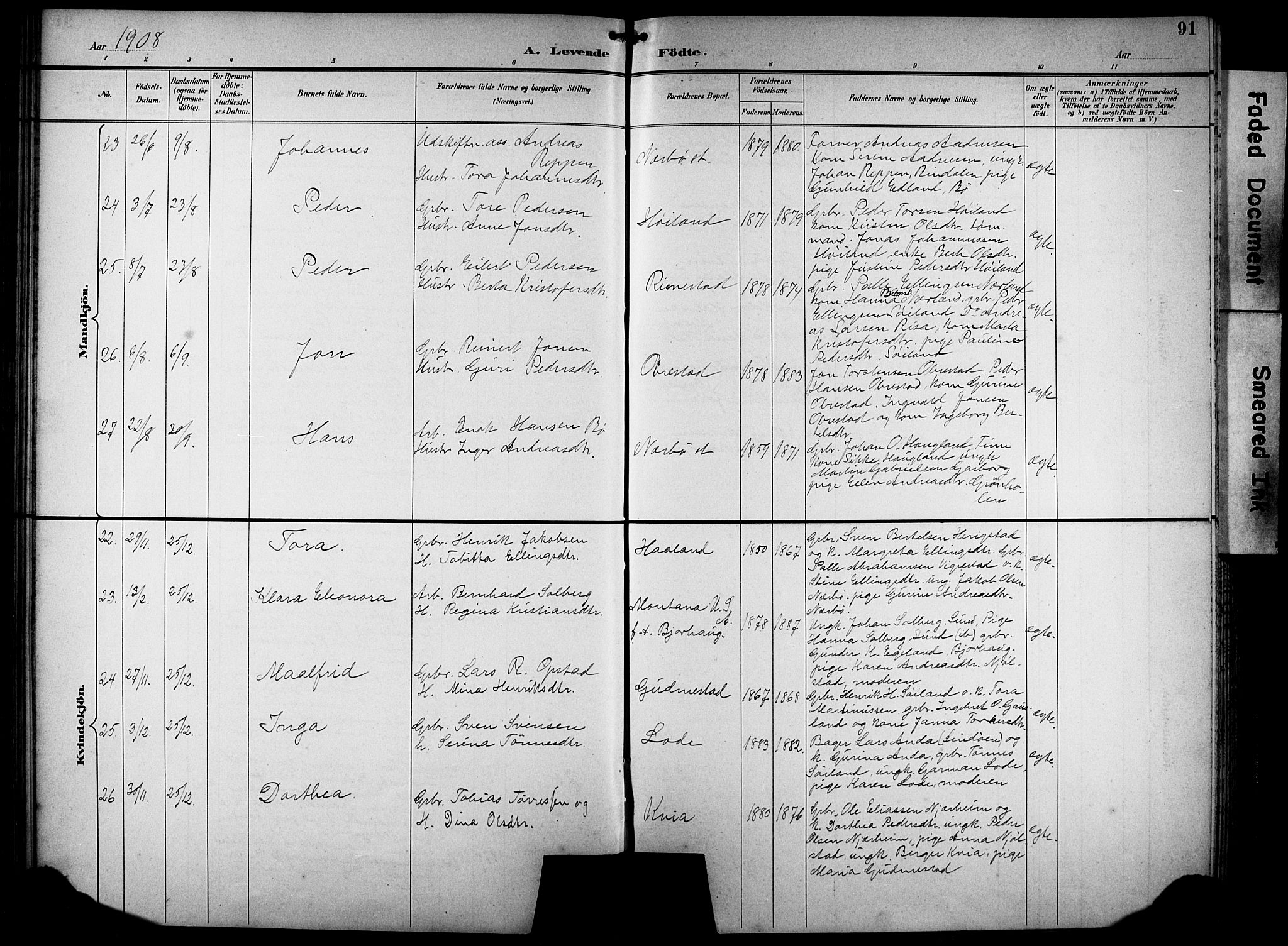 Hå sokneprestkontor, SAST/A-101801/001/30BB/L0005: Parish register (copy) no. B 5, 1894-1912, p. 91