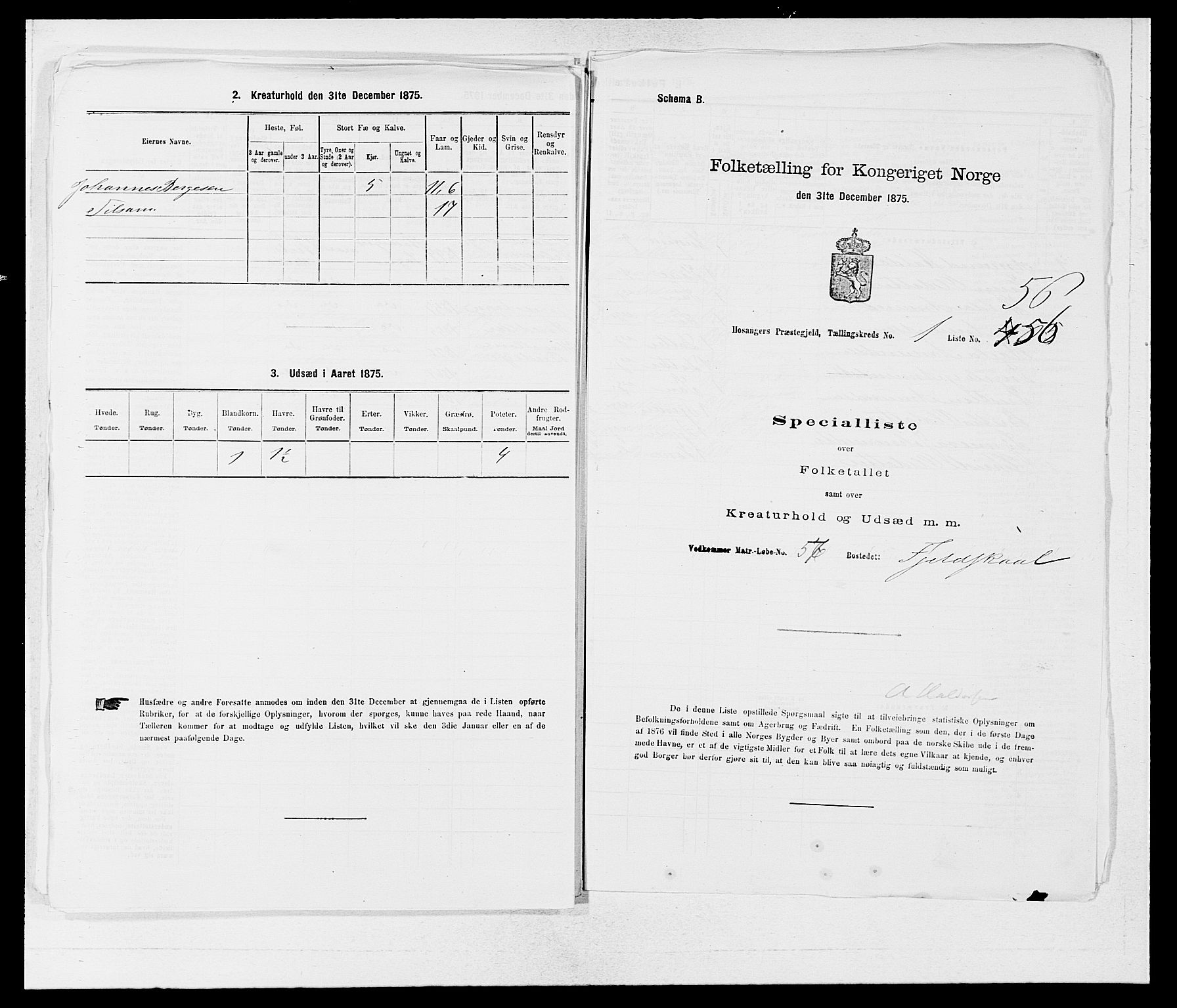 SAB, 1875 census for 1253P Hosanger, 1875, p. 147