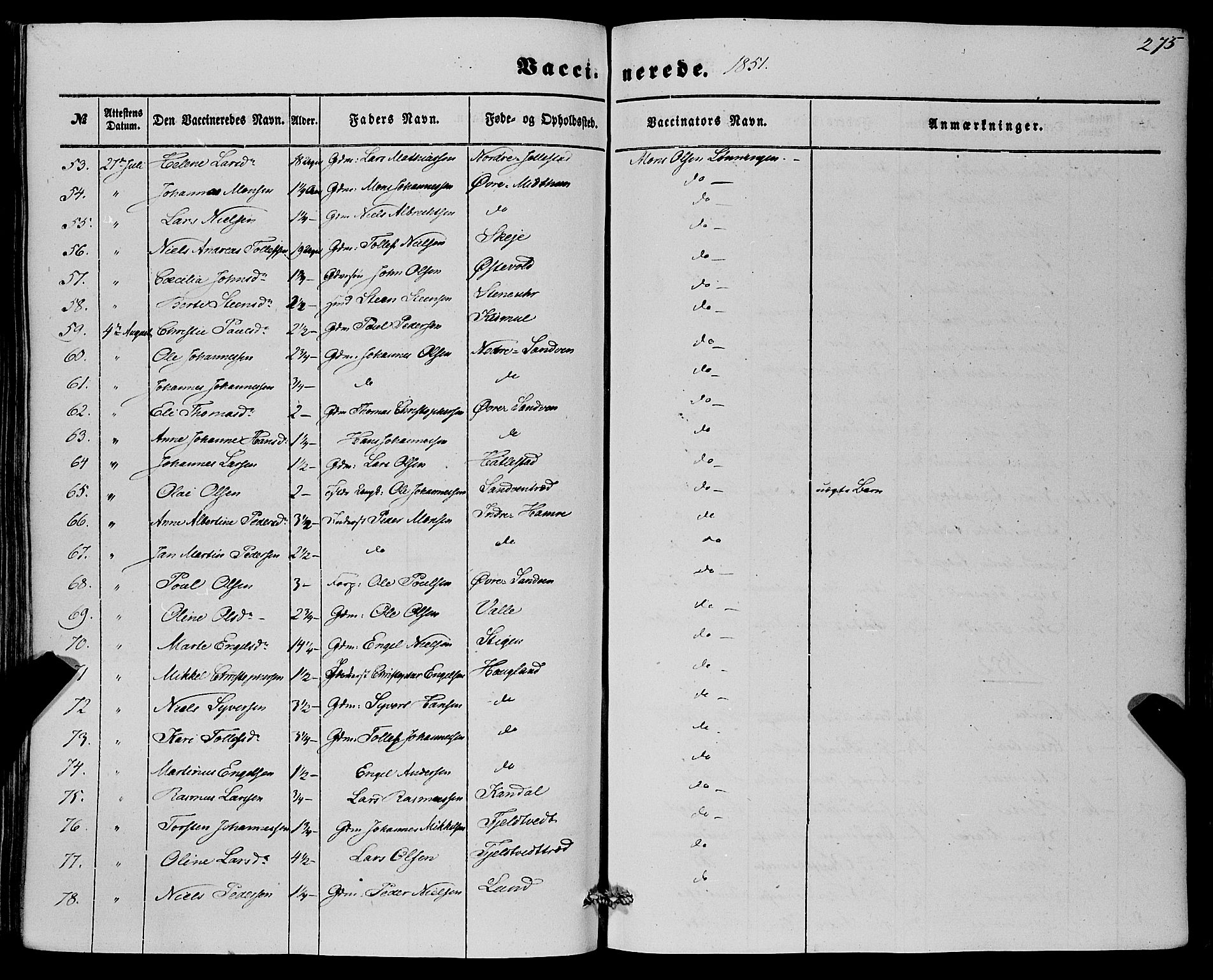 Fana Sokneprestembete, SAB/A-75101/H/Haa/Haaa/L0011: Parish register (official) no. A 11, 1851-1862, p. 275