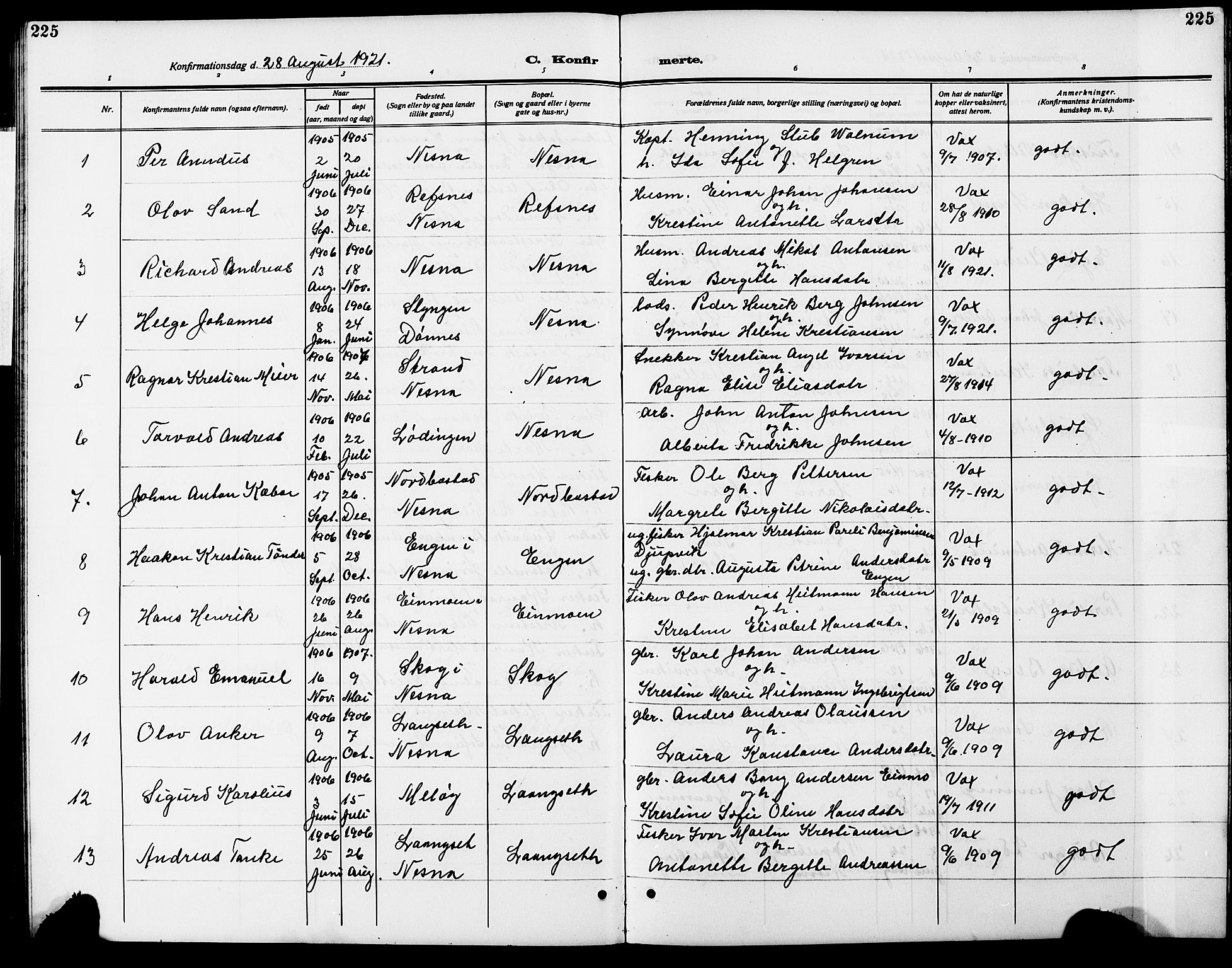 Ministerialprotokoller, klokkerbøker og fødselsregistre - Nordland, AV/SAT-A-1459/838/L0560: Parish register (copy) no. 838C07, 1910-1928, p. 225