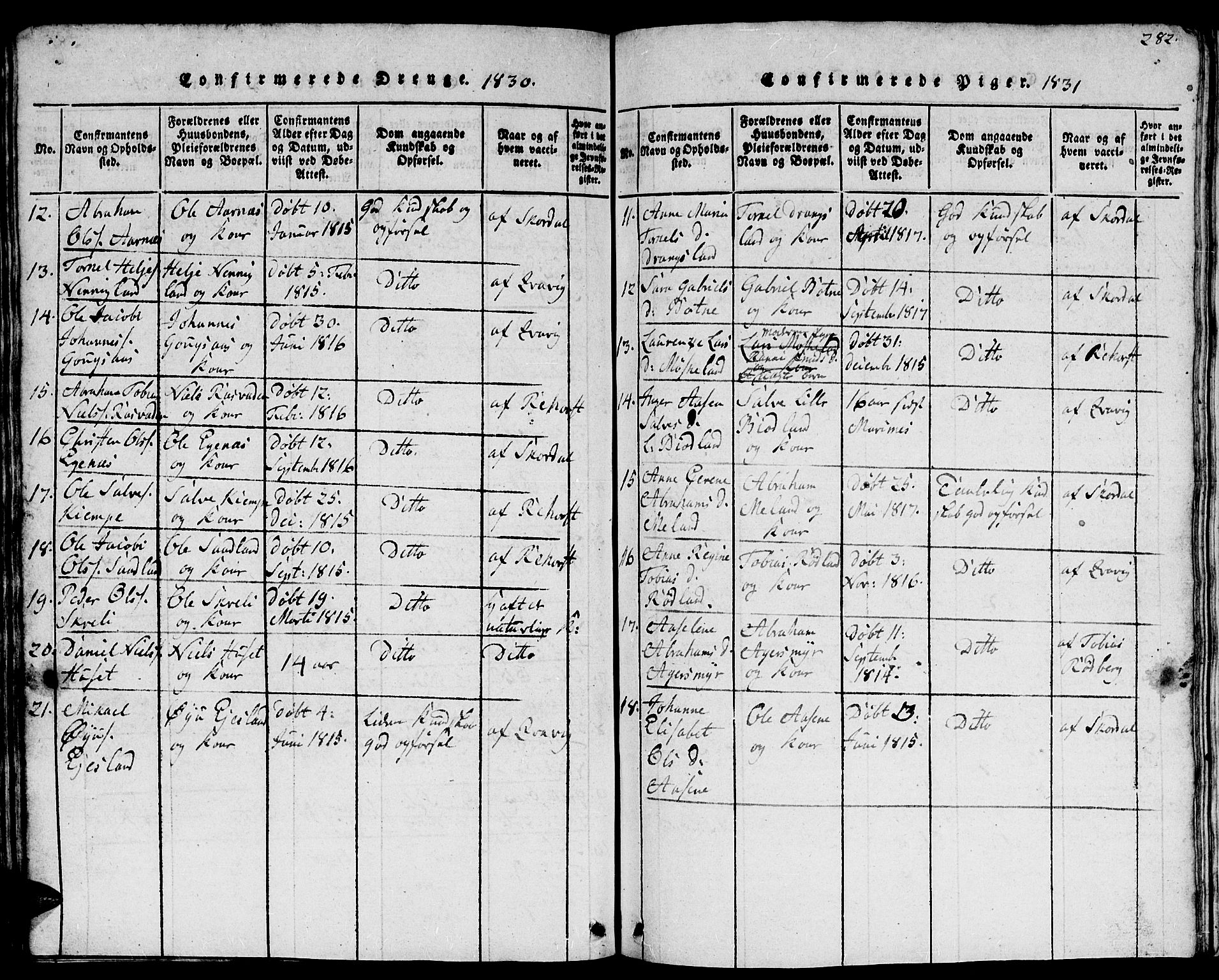 Lyngdal sokneprestkontor, AV/SAK-1111-0029/F/Fb/Fbc/L0001: Parish register (copy) no. B 1, 1815-1844, p. 282