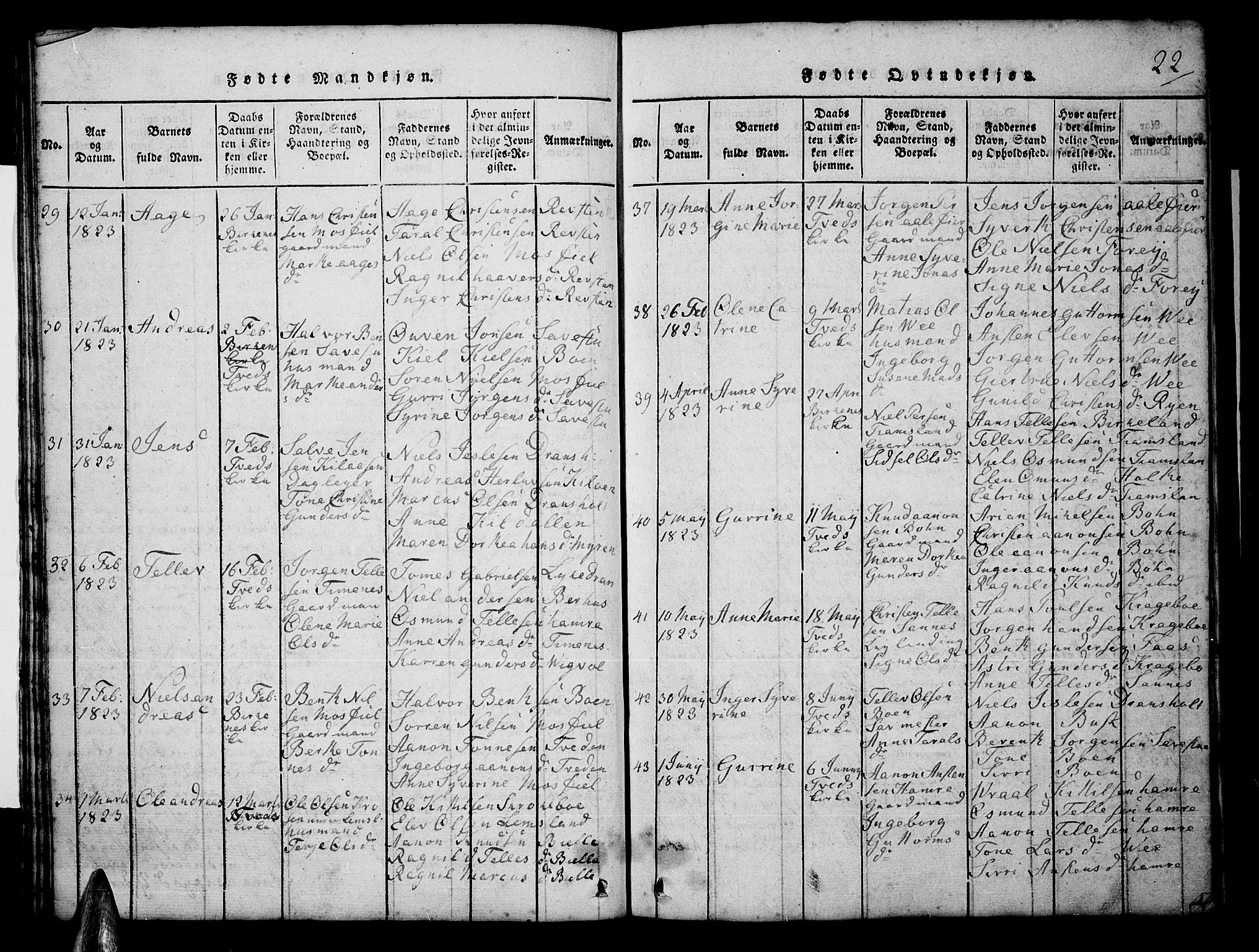 Tveit sokneprestkontor, SAK/1111-0043/F/Fb/L0001: Parish register (copy) no. B 1, 1820-1834, p. 22