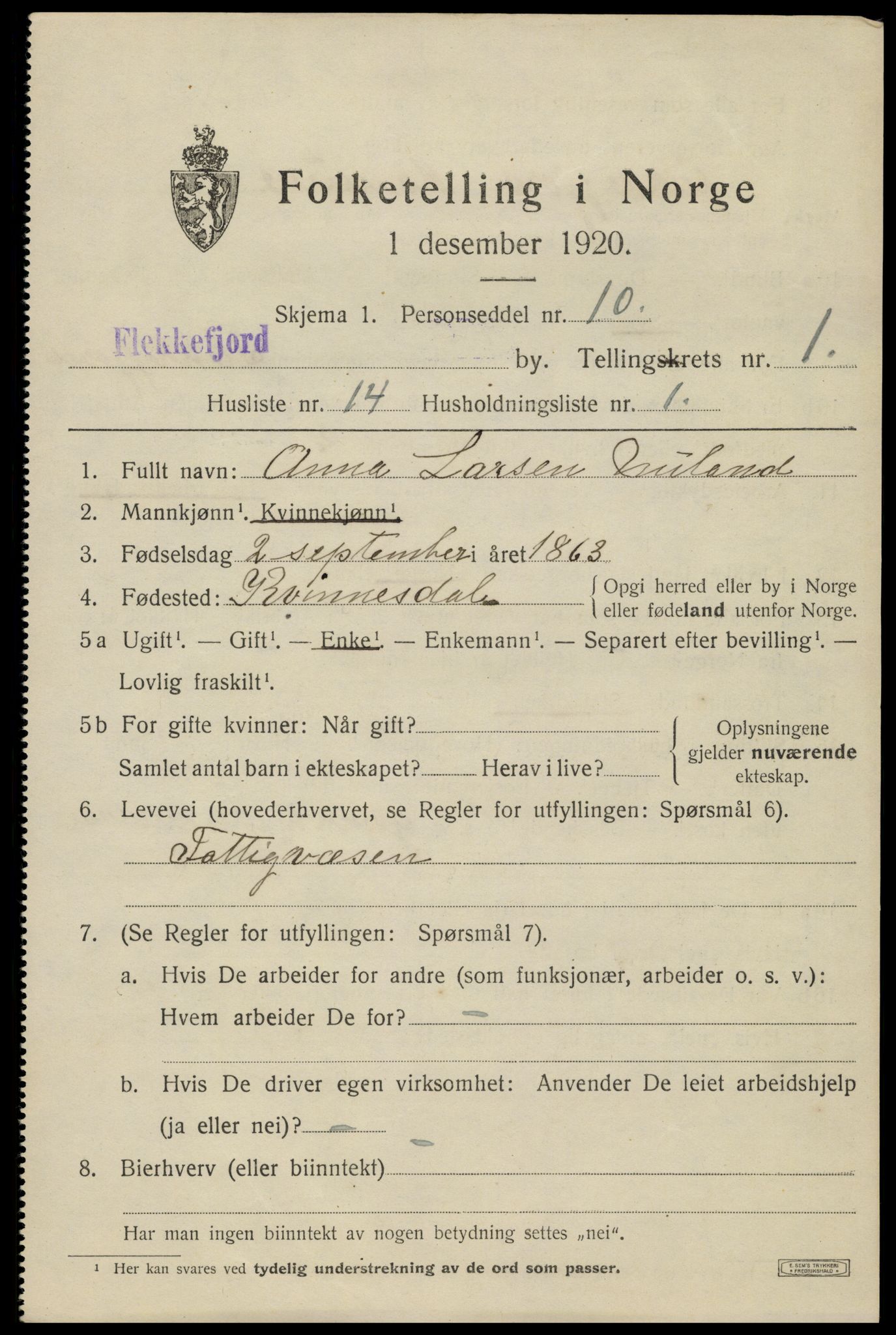 SAK, 1920 census for Flekkefjord, 1920, p. 2014