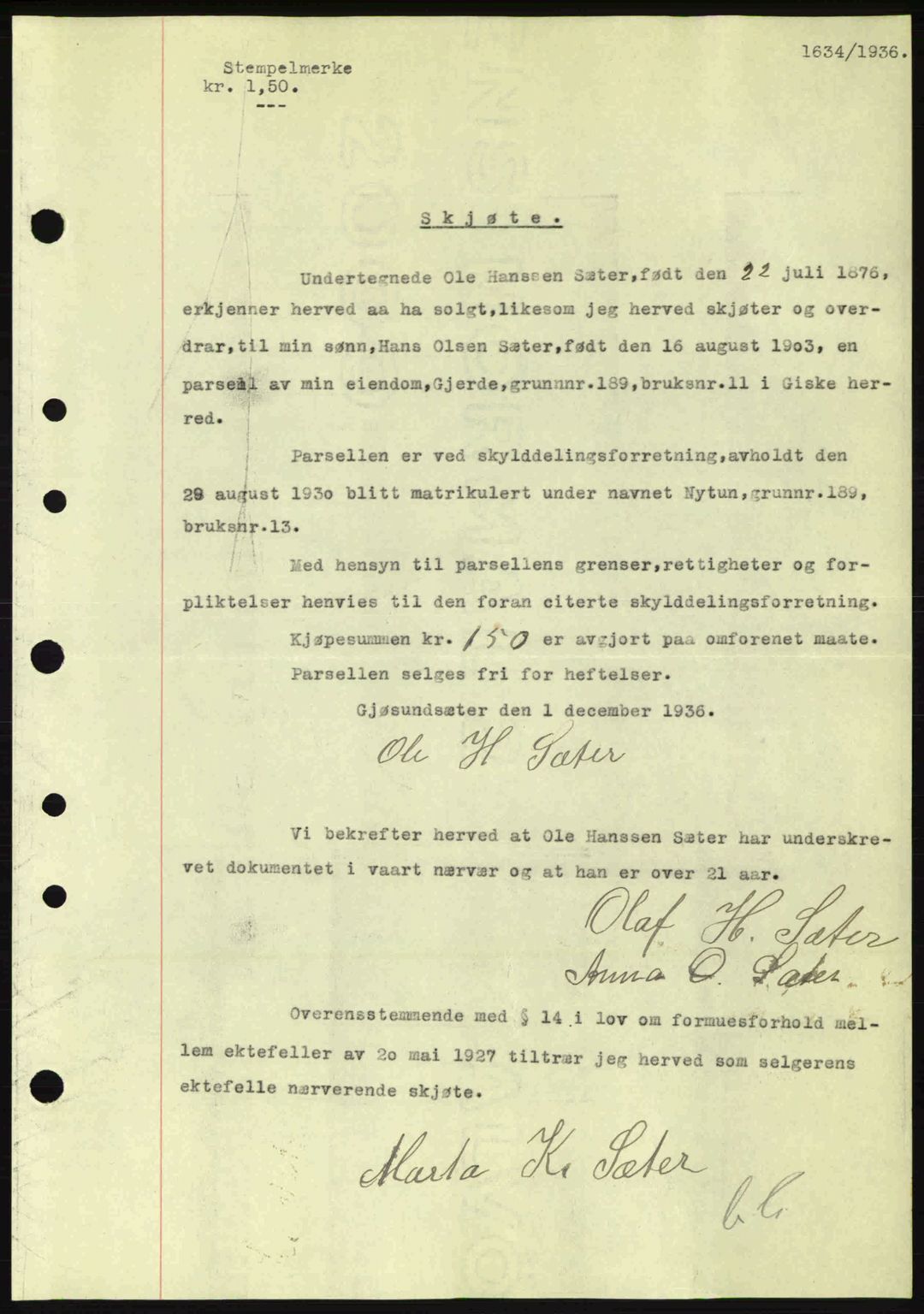 Nordre Sunnmøre sorenskriveri, AV/SAT-A-0006/1/2/2C/2Ca: Mortgage book no. A2, 1936-1937, Diary no: : 1634/1936