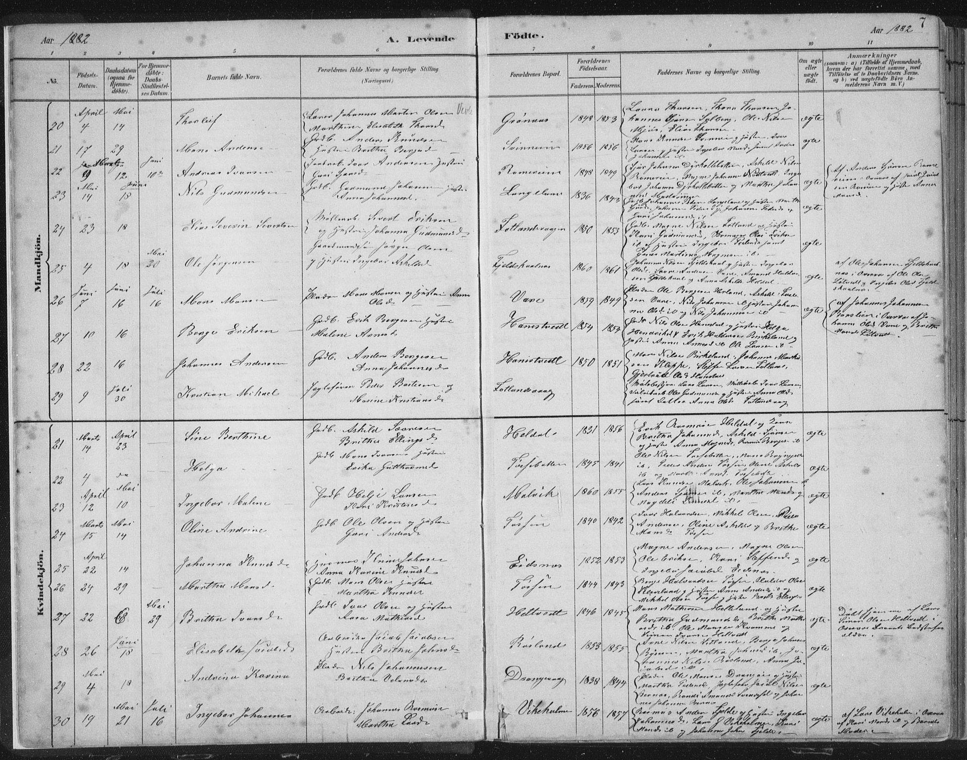 Hosanger sokneprestembete, SAB/A-75801/H/Hab: Parish register (copy) no. A 3 I, 1882-1903, p. 7