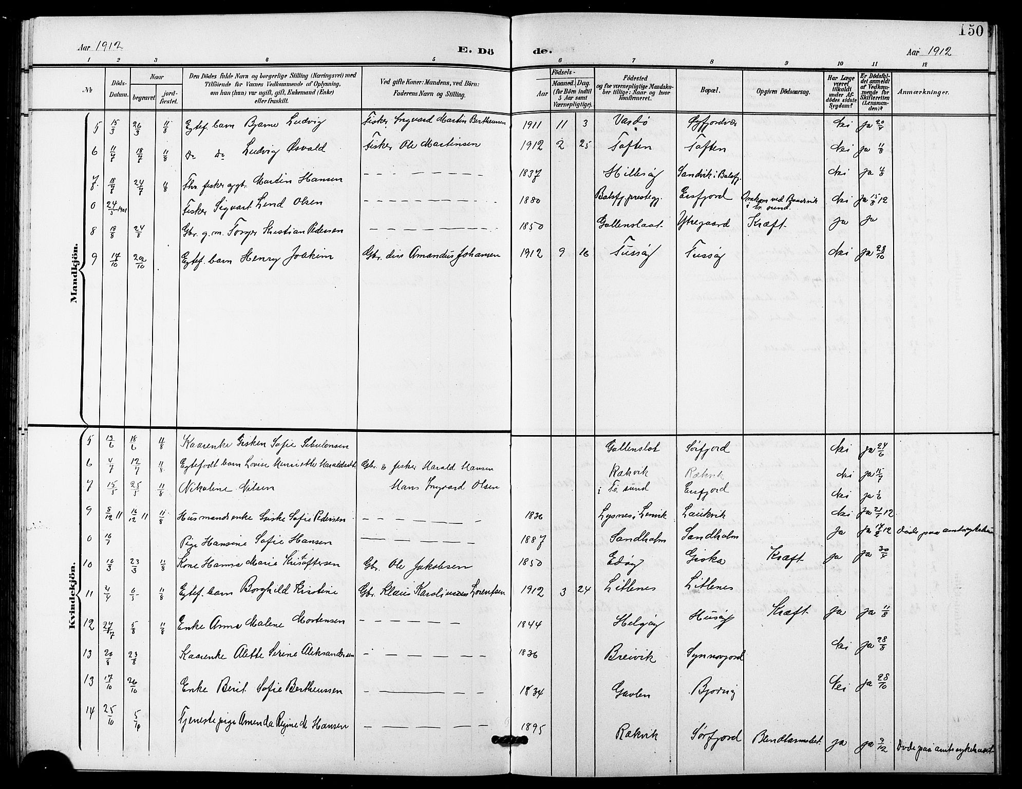 Lenvik sokneprestembete, SATØ/S-1310/H/Ha/Hab/L0022klokker: Parish register (copy) no. 22, 1901-1918, p. 150