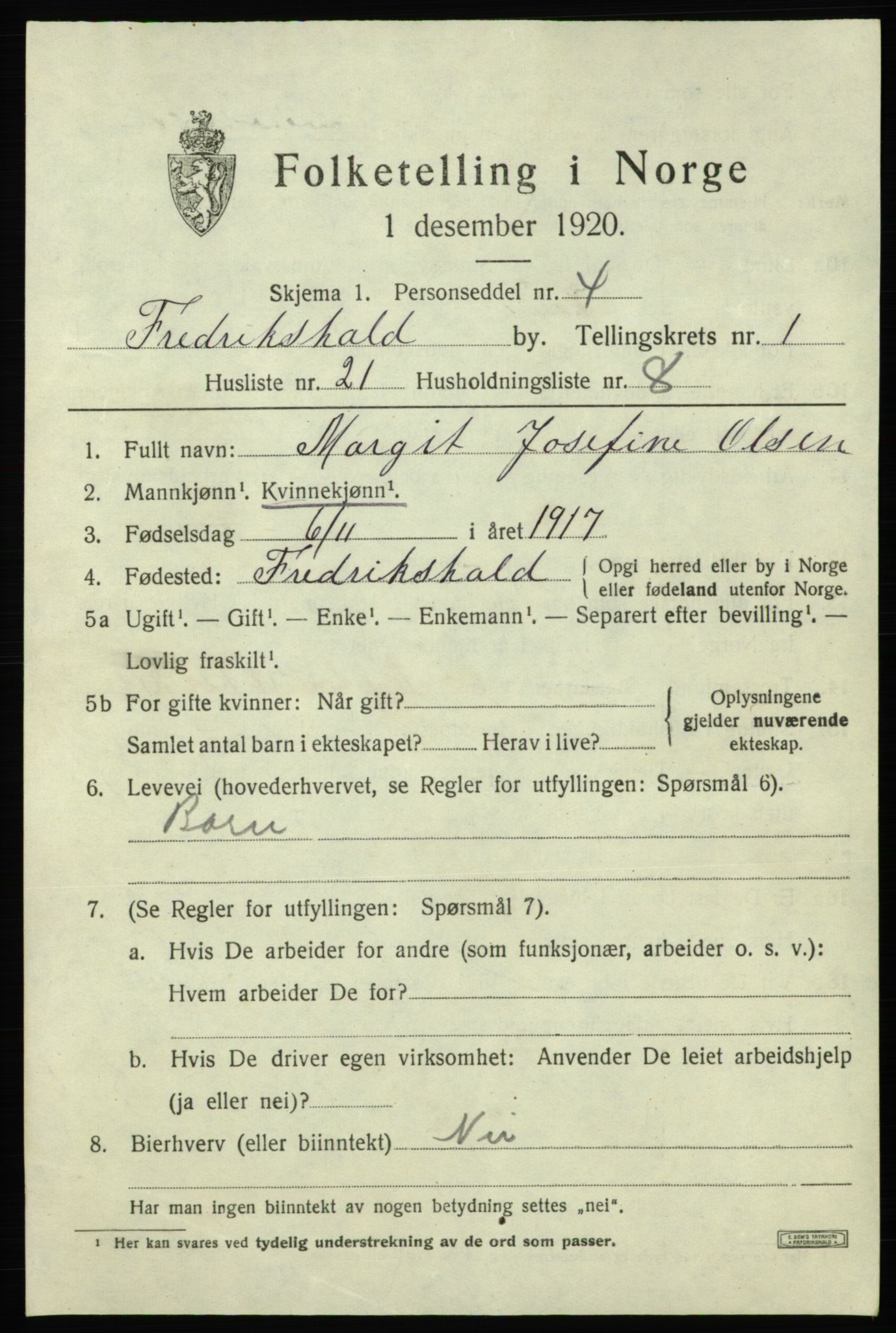 SAO, 1920 census for Fredrikshald, 1920, p. 8446