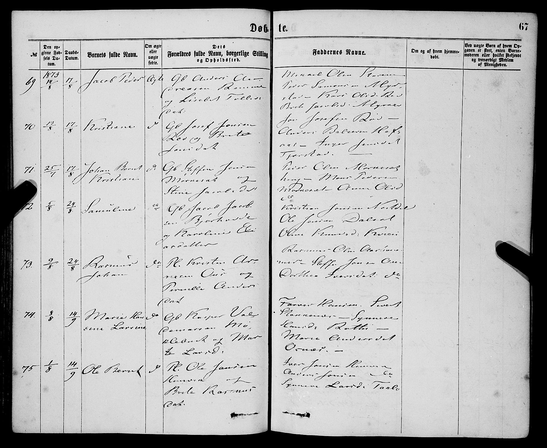 Eid sokneprestembete, AV/SAB-A-82301/H/Haa/Haaa/L0010: Parish register (official) no. A 10, 1867-1878, p. 67