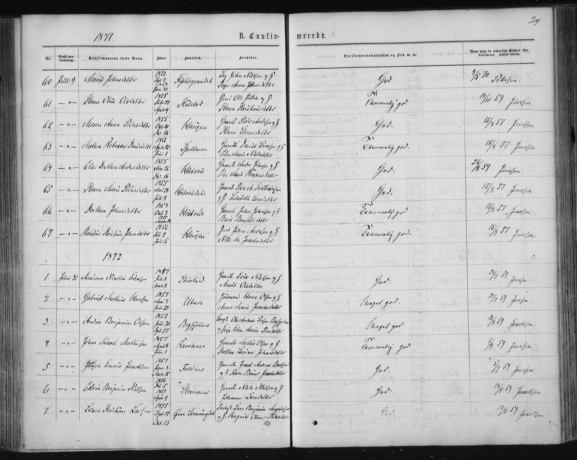 Ministerialprotokoller, klokkerbøker og fødselsregistre - Nordland, AV/SAT-A-1459/820/L0294: Parish register (official) no. 820A15, 1866-1879, p. 209